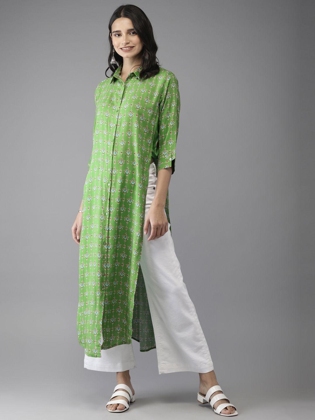 moda rapido women green & pink printed pathani fusion kurta