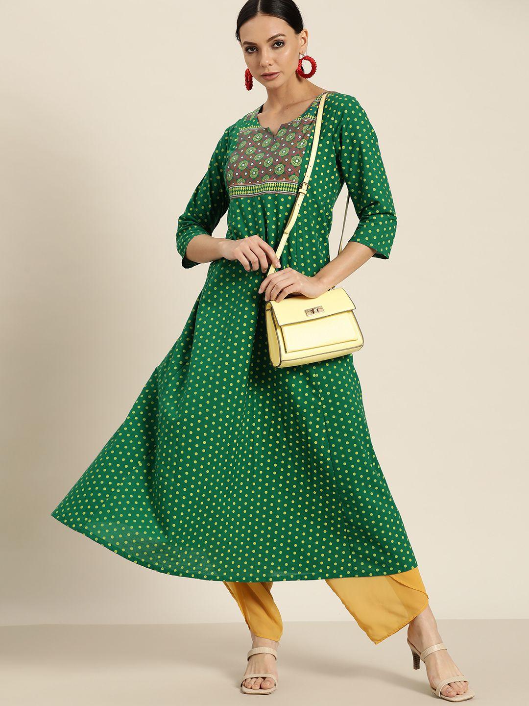 moda rapido women green & yellow pure cotton polka dots printed a-line kurta