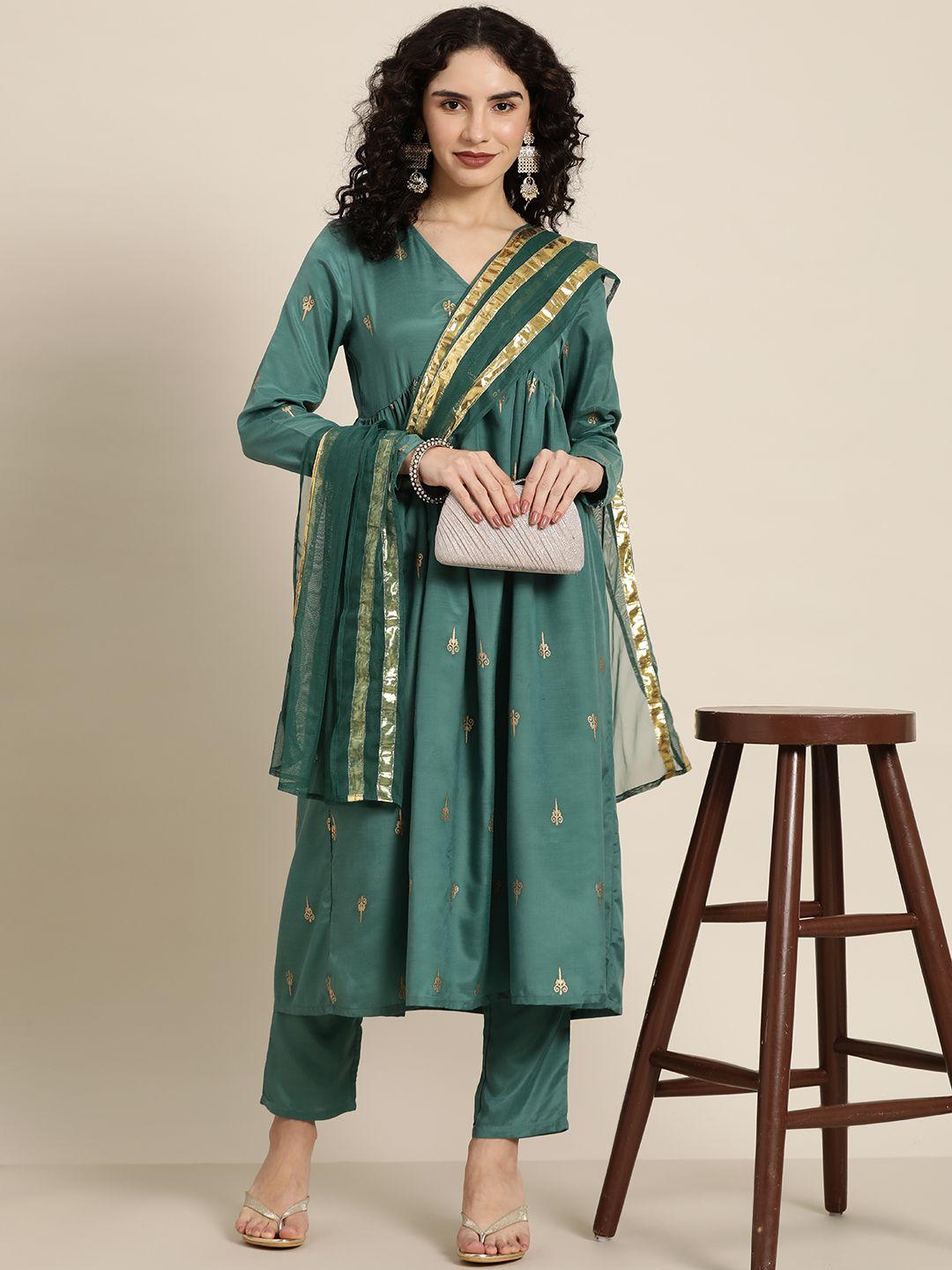 moda rapido women green ethnic motifs printed kurta with trousers & dupatta