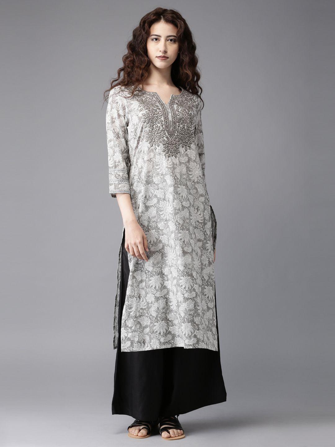 moda rapido women grey & white printed straight kurta