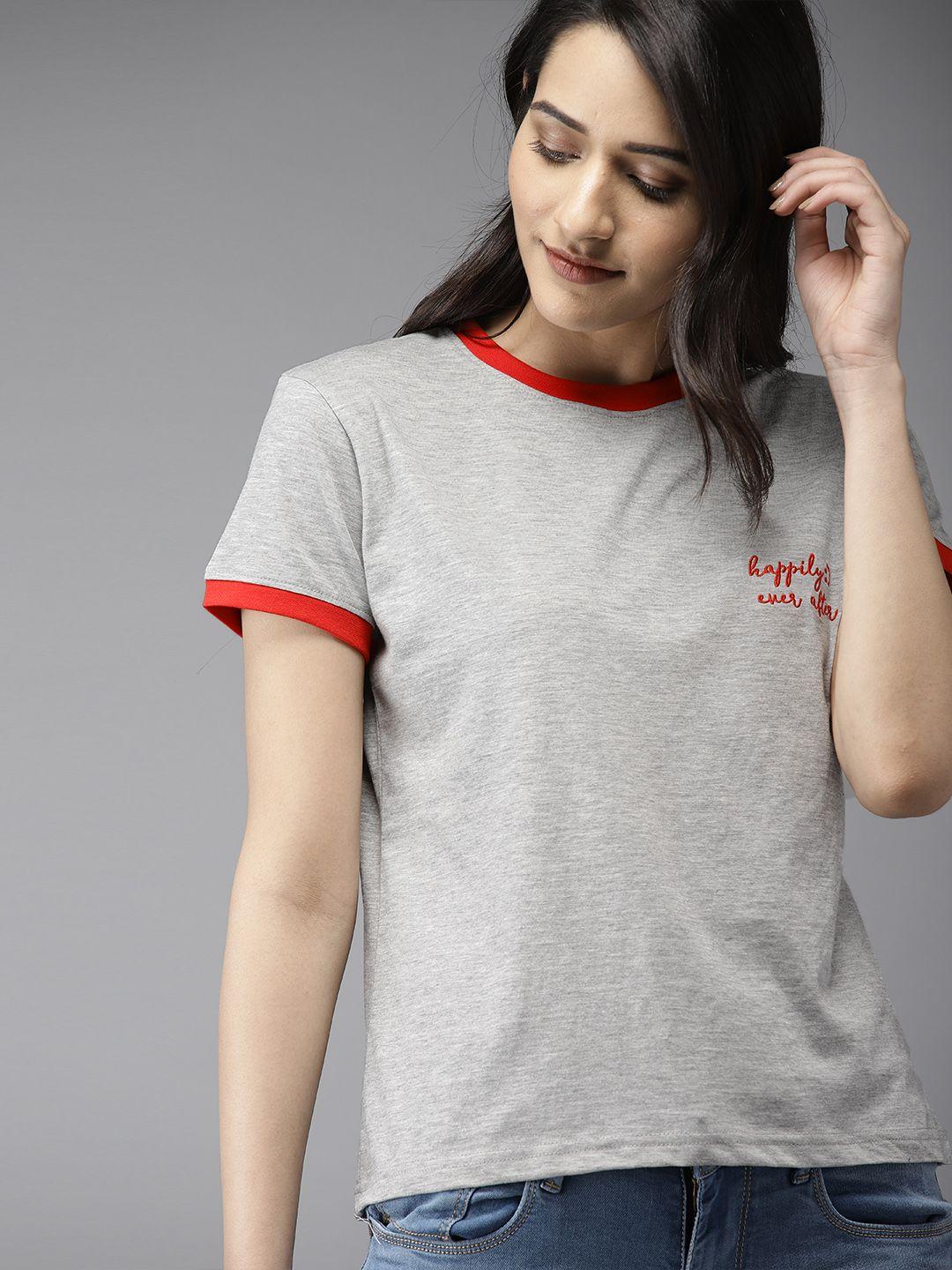 moda rapido women grey melange solid round neck pure cotton t-shirt