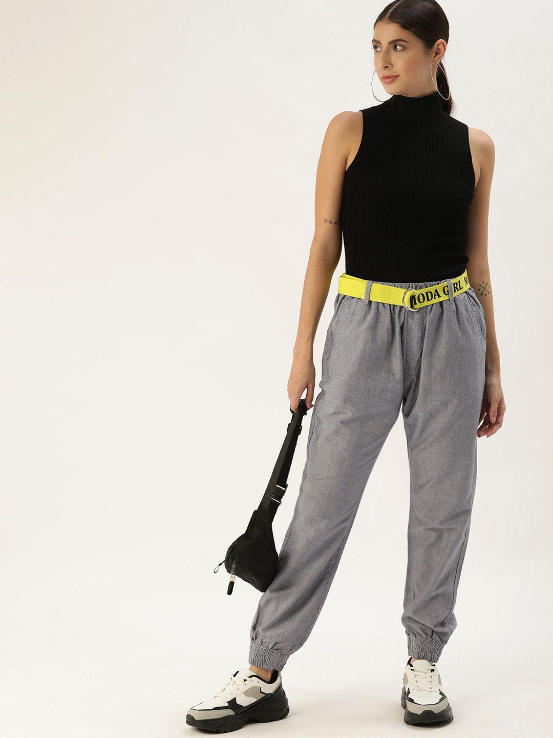 moda rapido women grey pleated joggers trousers with belt