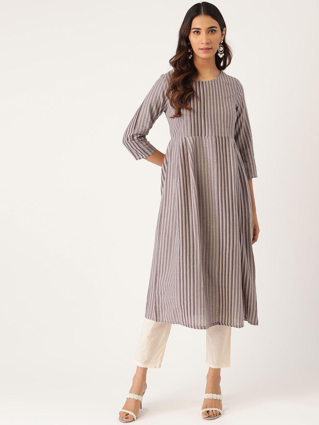 moda rapido women grey striped pure cotton kurta with trousers