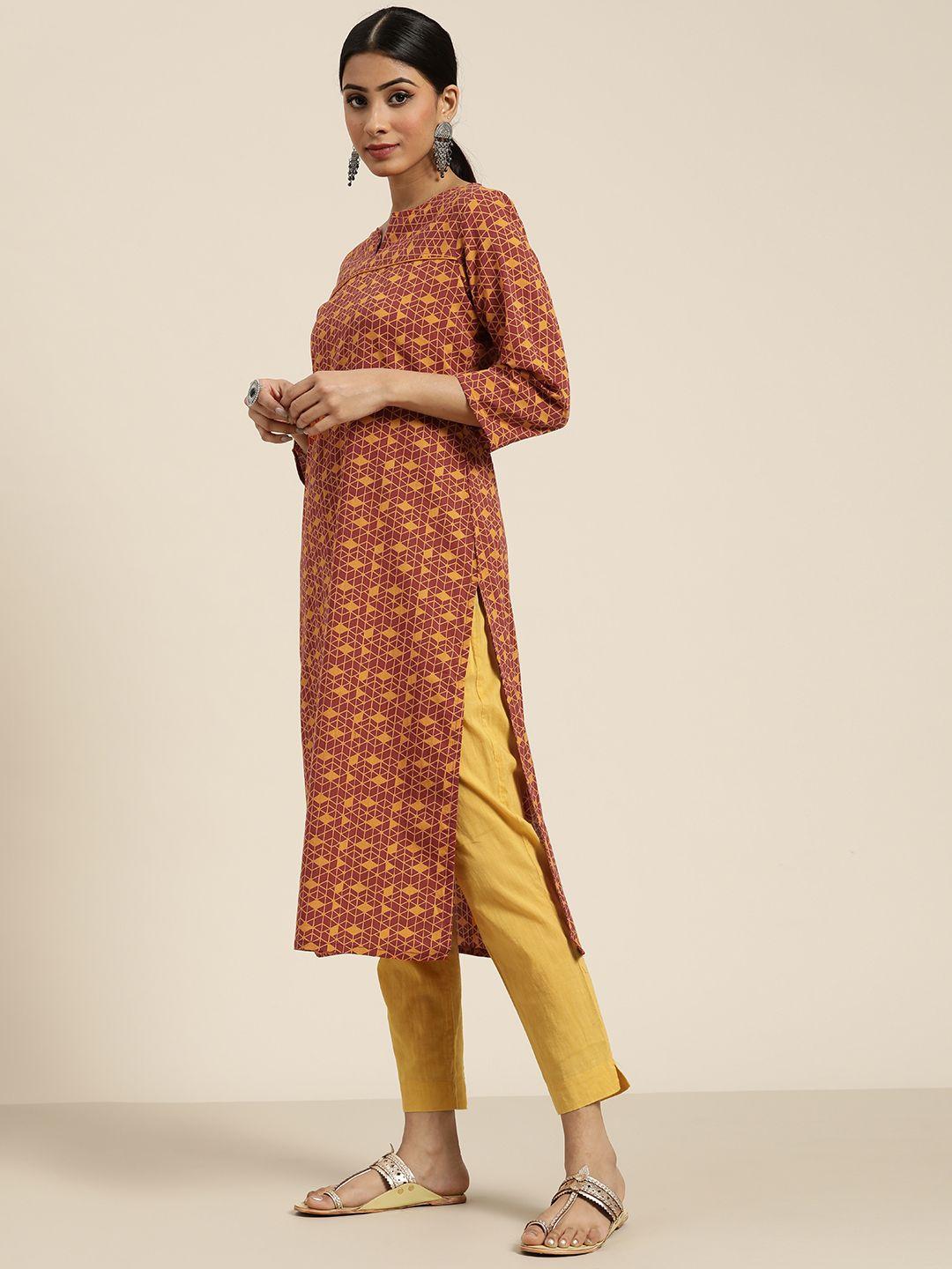 moda rapido women maroon & mustard yellow geometric printed pure cotton kurta