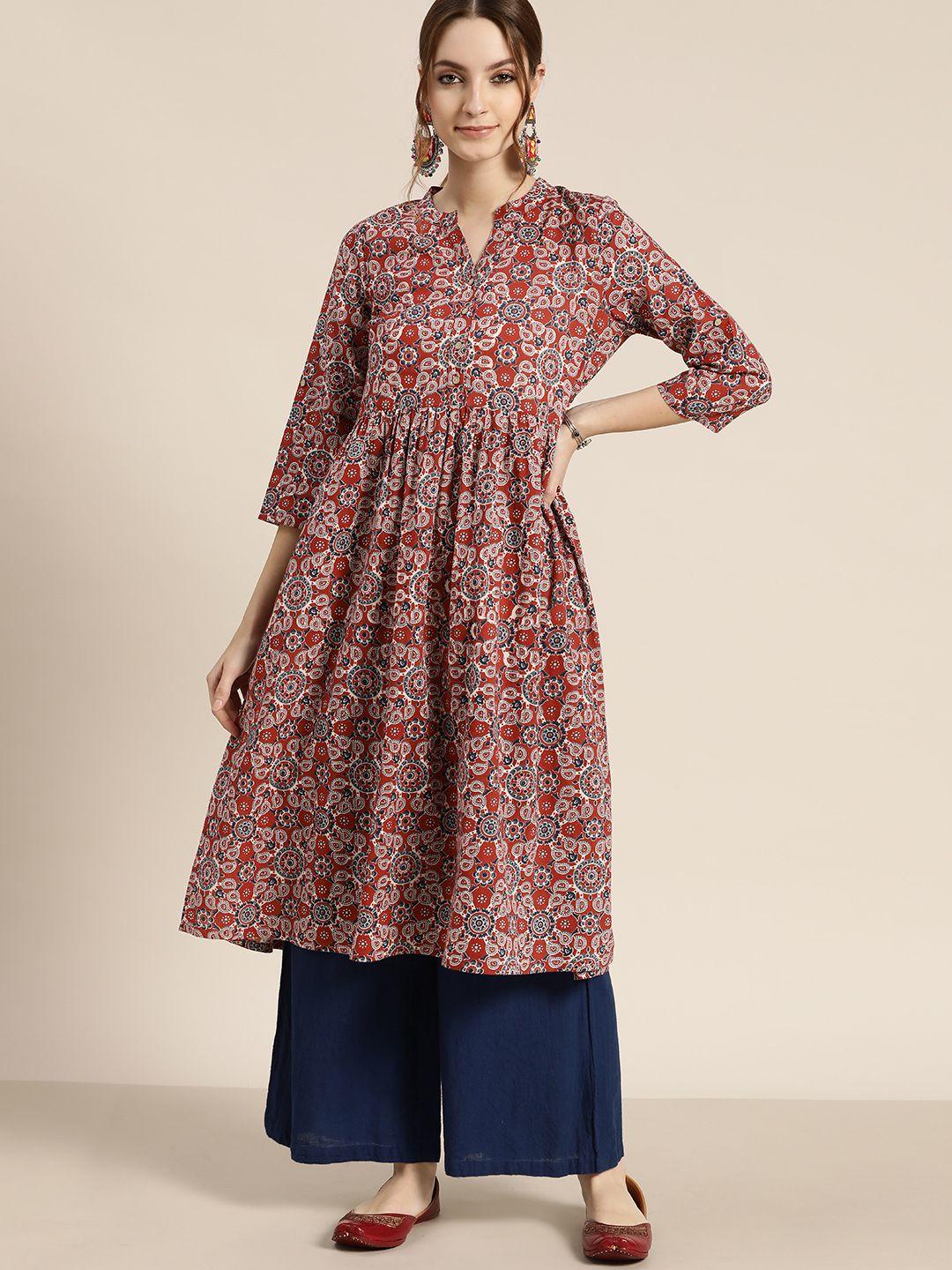 moda rapido women maroon & navy blue pure cotton ethnic motifs printed a-line kurta