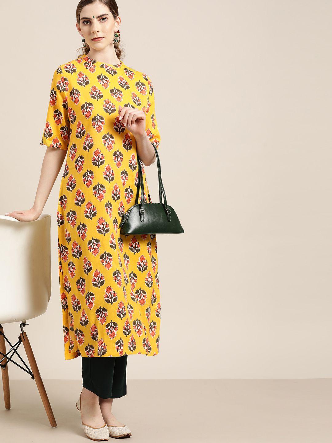 moda rapido women mustard yellow & green floral print kurta