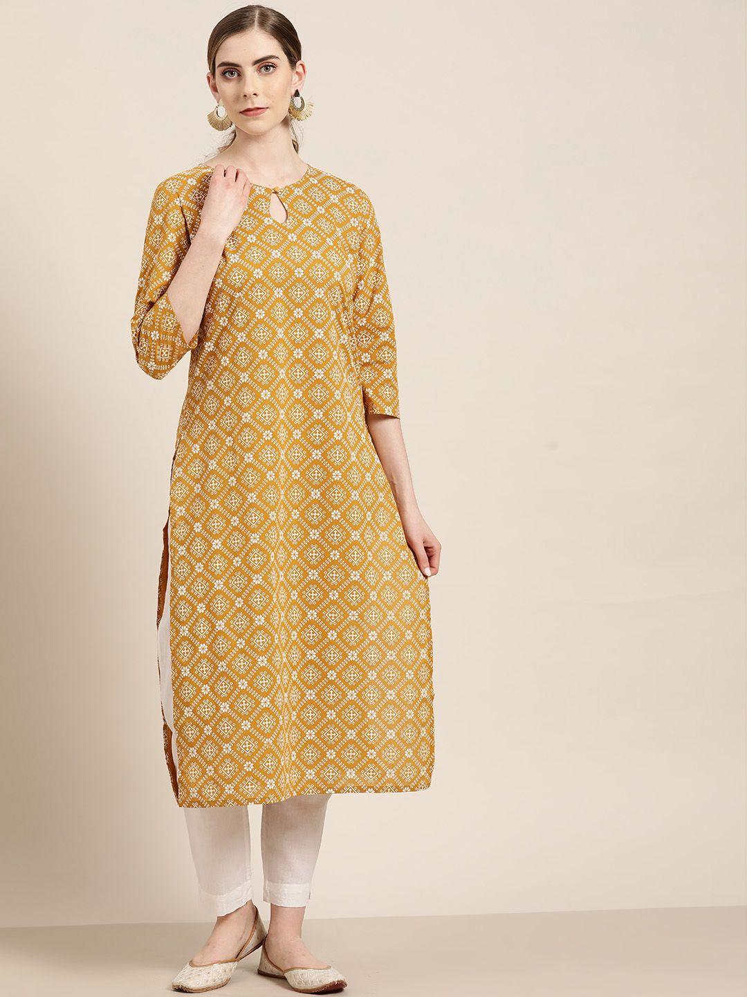 moda rapido women mustard yellow & white ethnic motifs printed straight cotton kurta