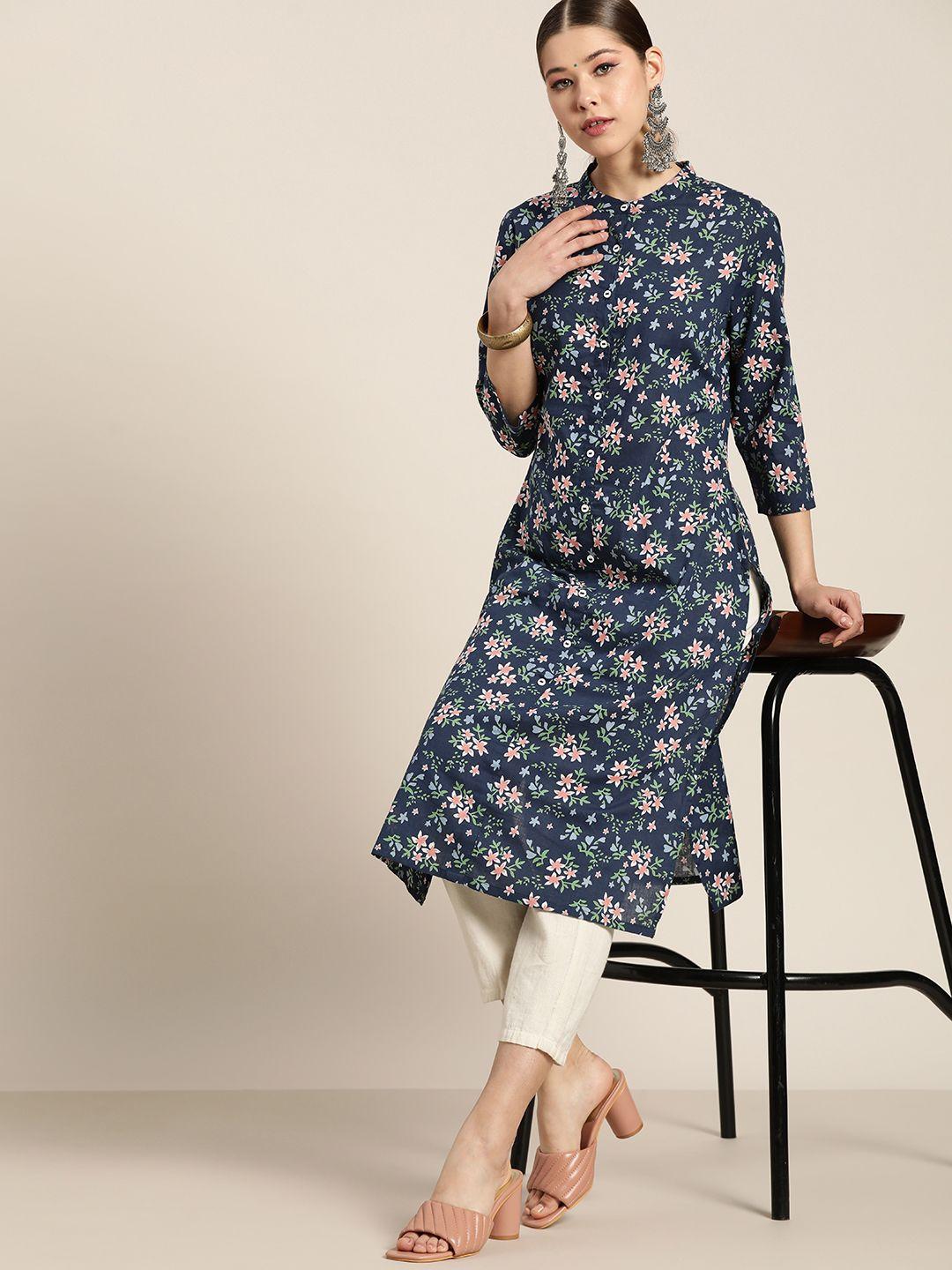 moda rapido women navy blue & green floral printed floral pure cotton kurta