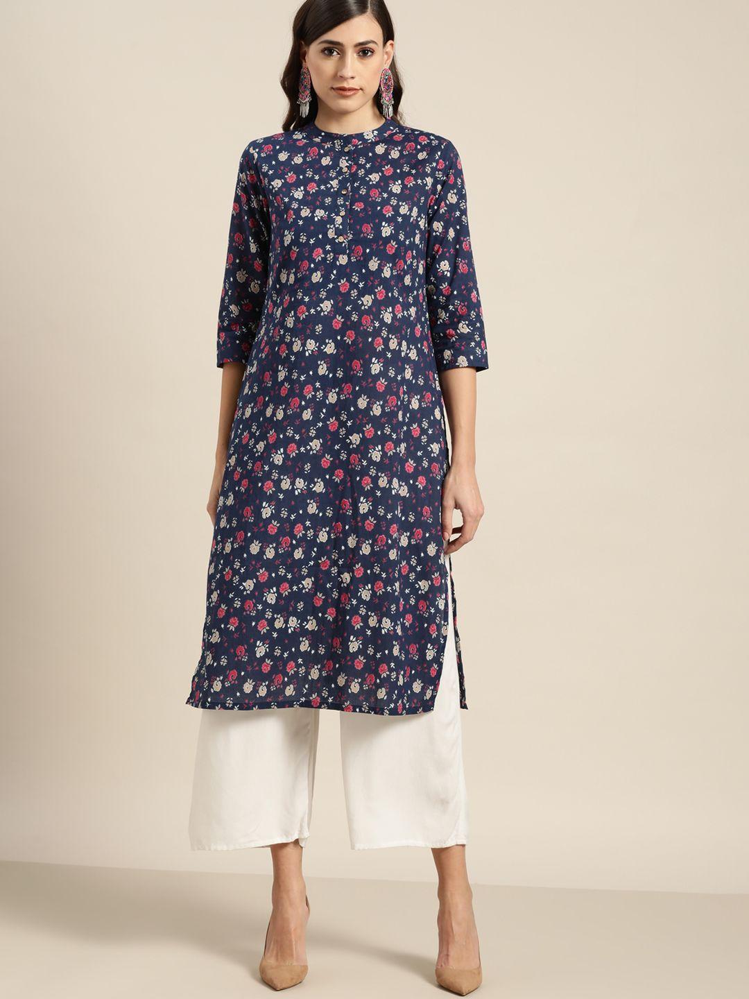 moda rapido women navy blue & pink pure cotton floral printed kurta