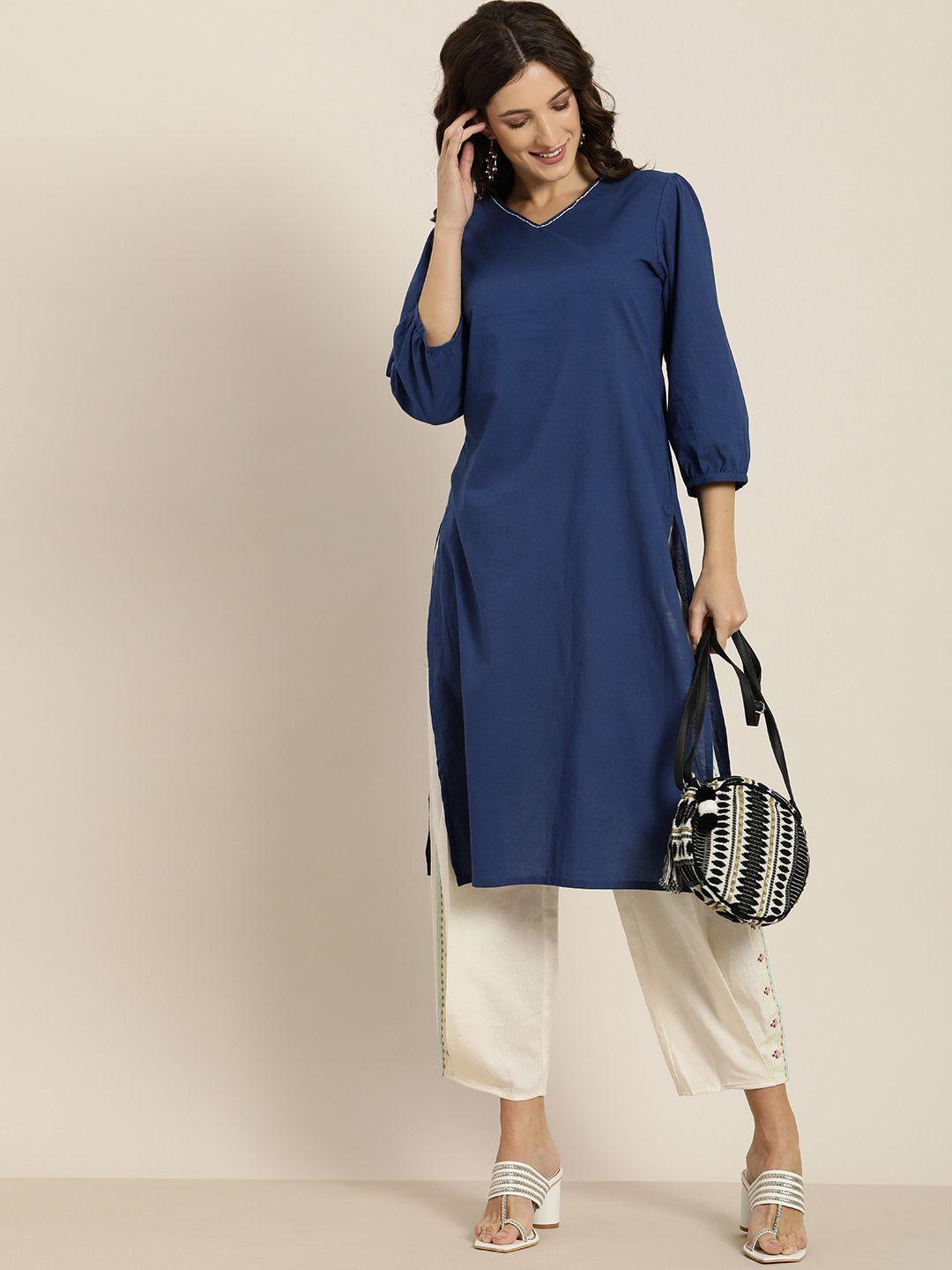 moda rapido women navy blue solid pure cotton kurta with puff sleeves