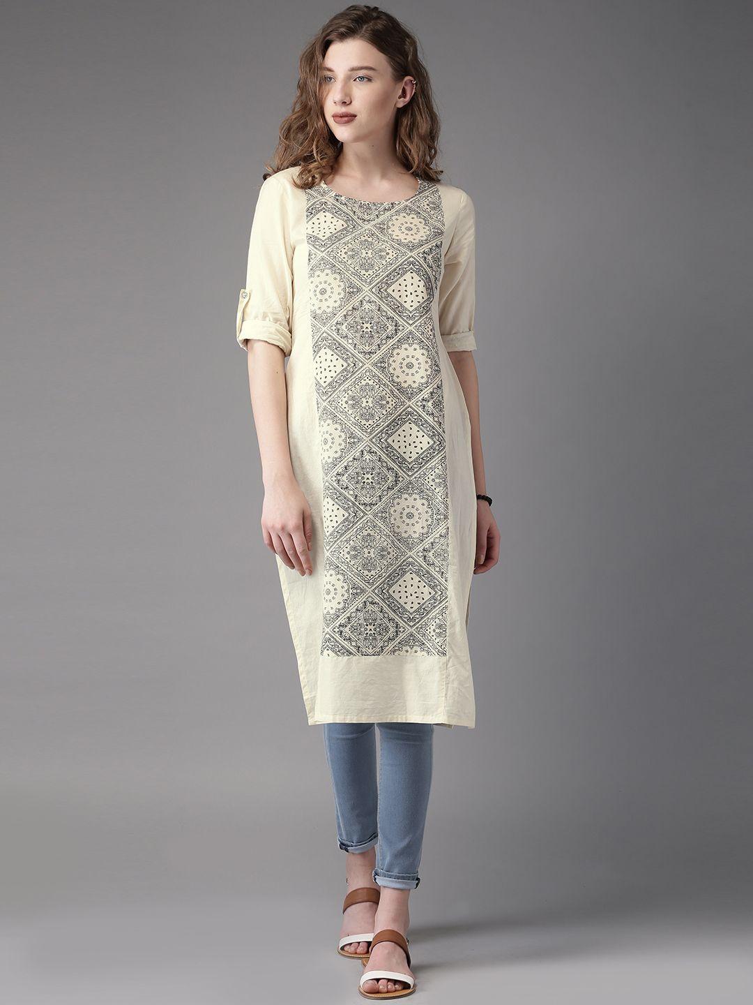 moda rapido women off-white & black printed straight kurta