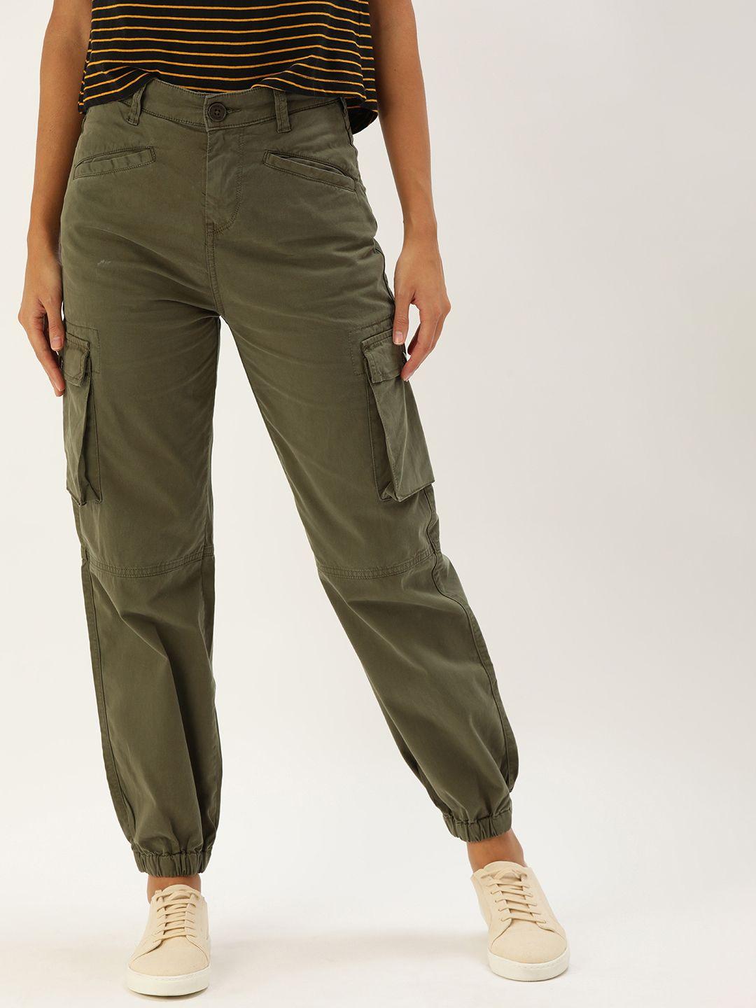moda rapido women olive green regular fit solid cropped joggers