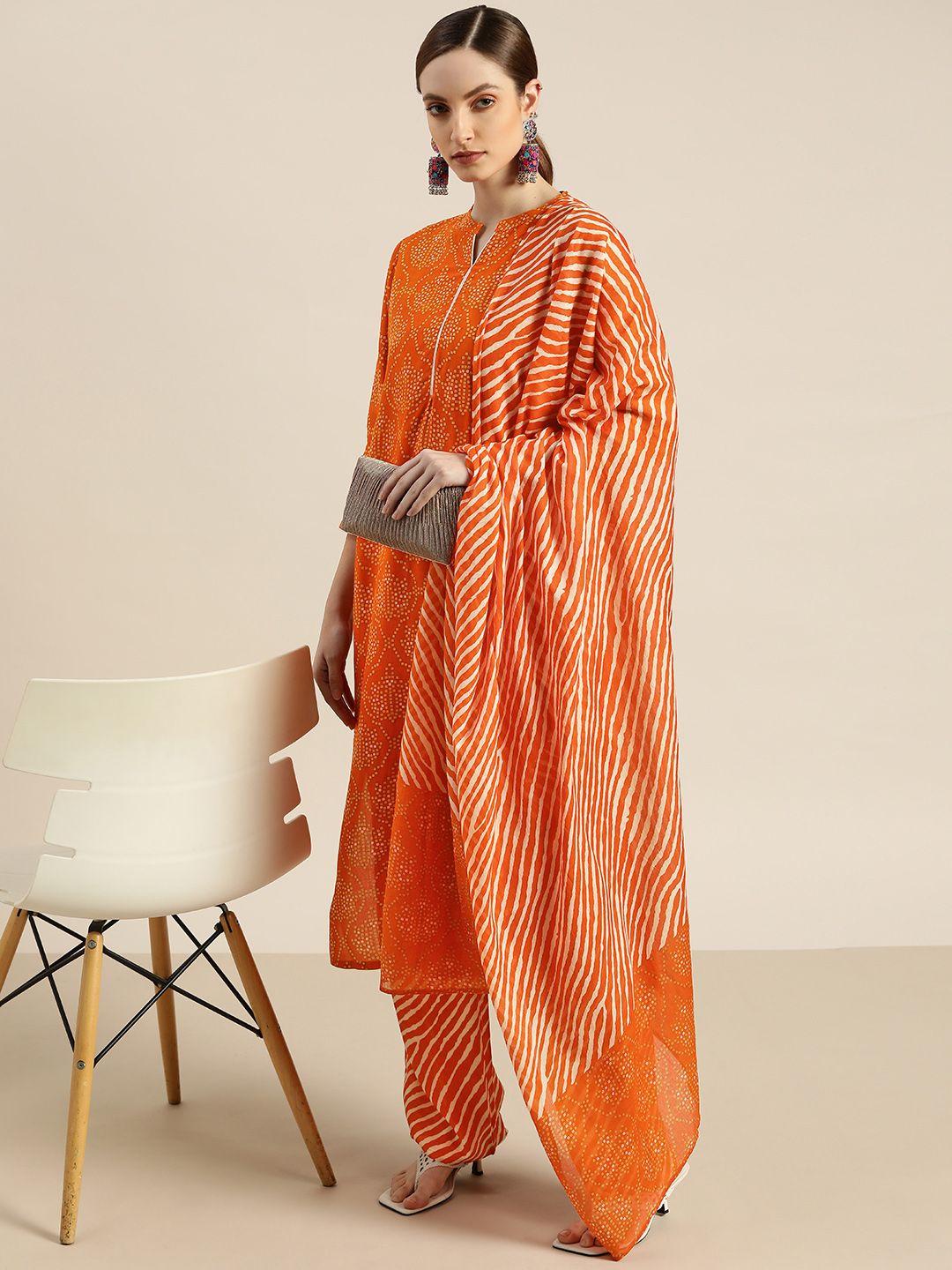 moda rapido women orange & yellow bandhani print kurta with palazzos & dupatta