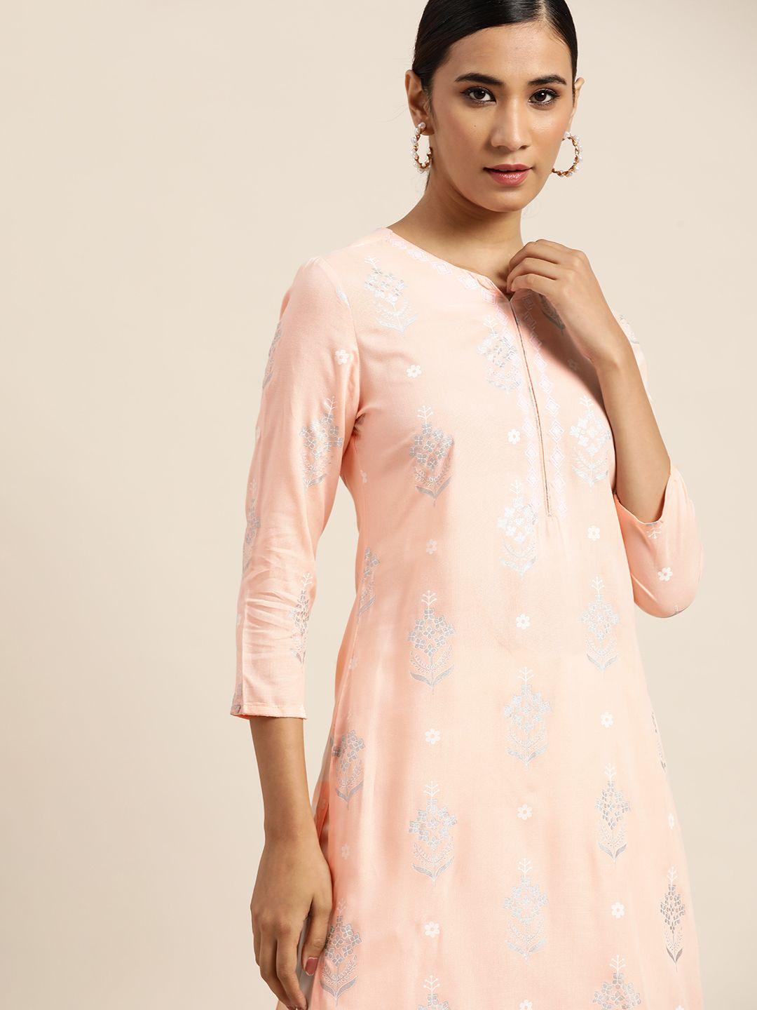 moda rapido women peach-coloured & grey floral printed kurta