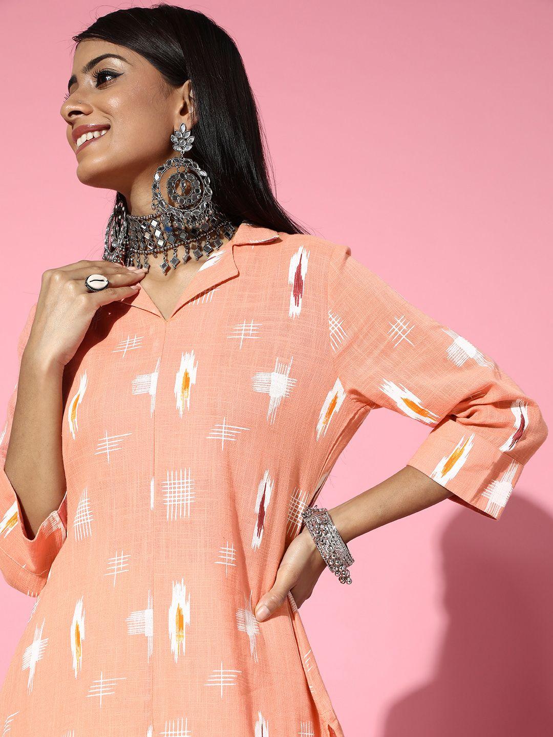 moda rapido women peach-coloured & white geometric printed cotton kurta