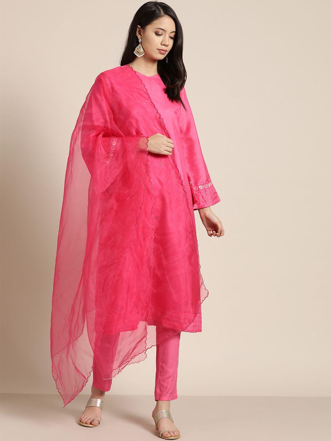moda rapido women pink & golden floral print kurta with trousers & dupatta
