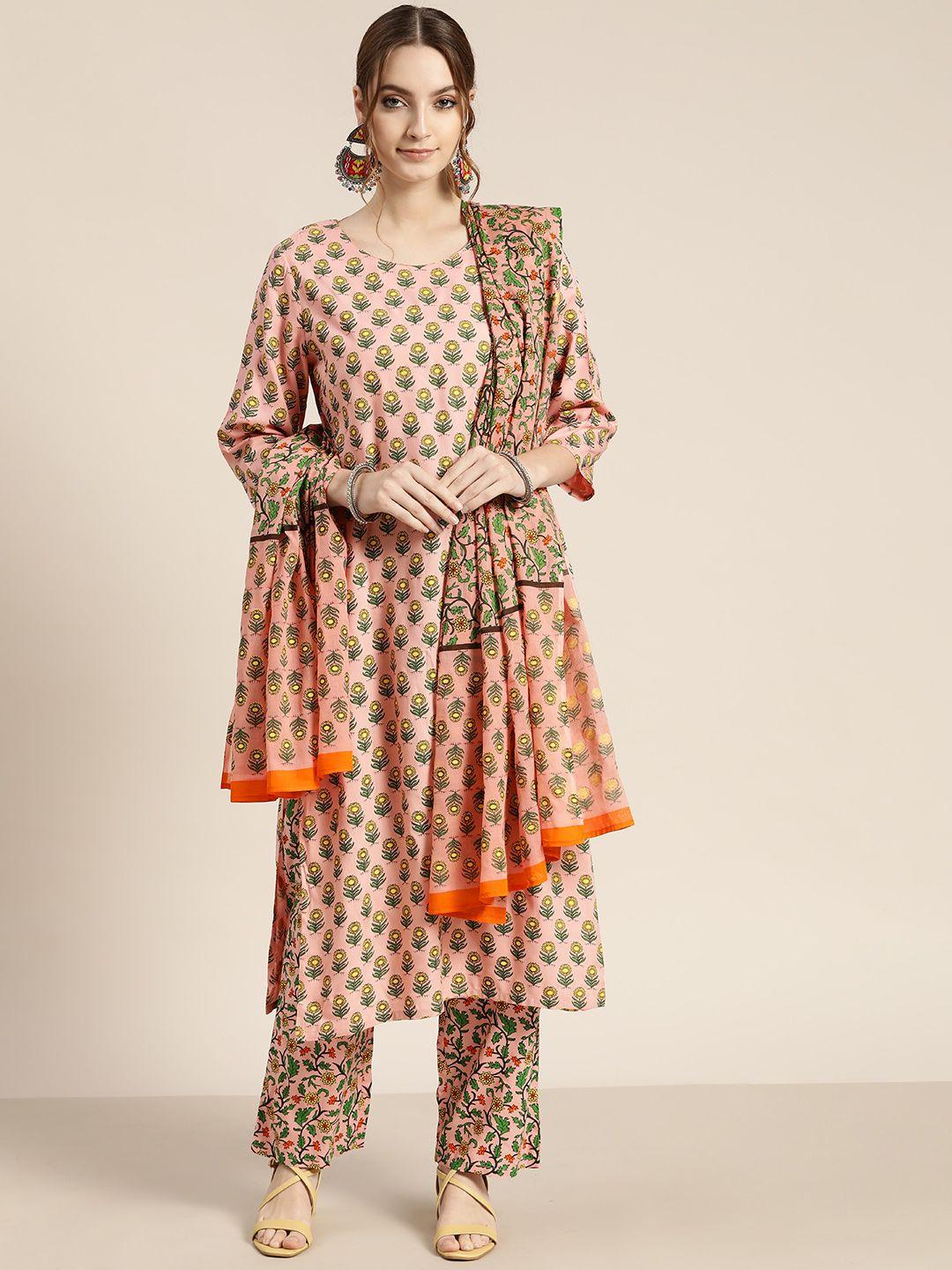 moda rapido women pink & green ethnic printed kurta with trousers & dupatta