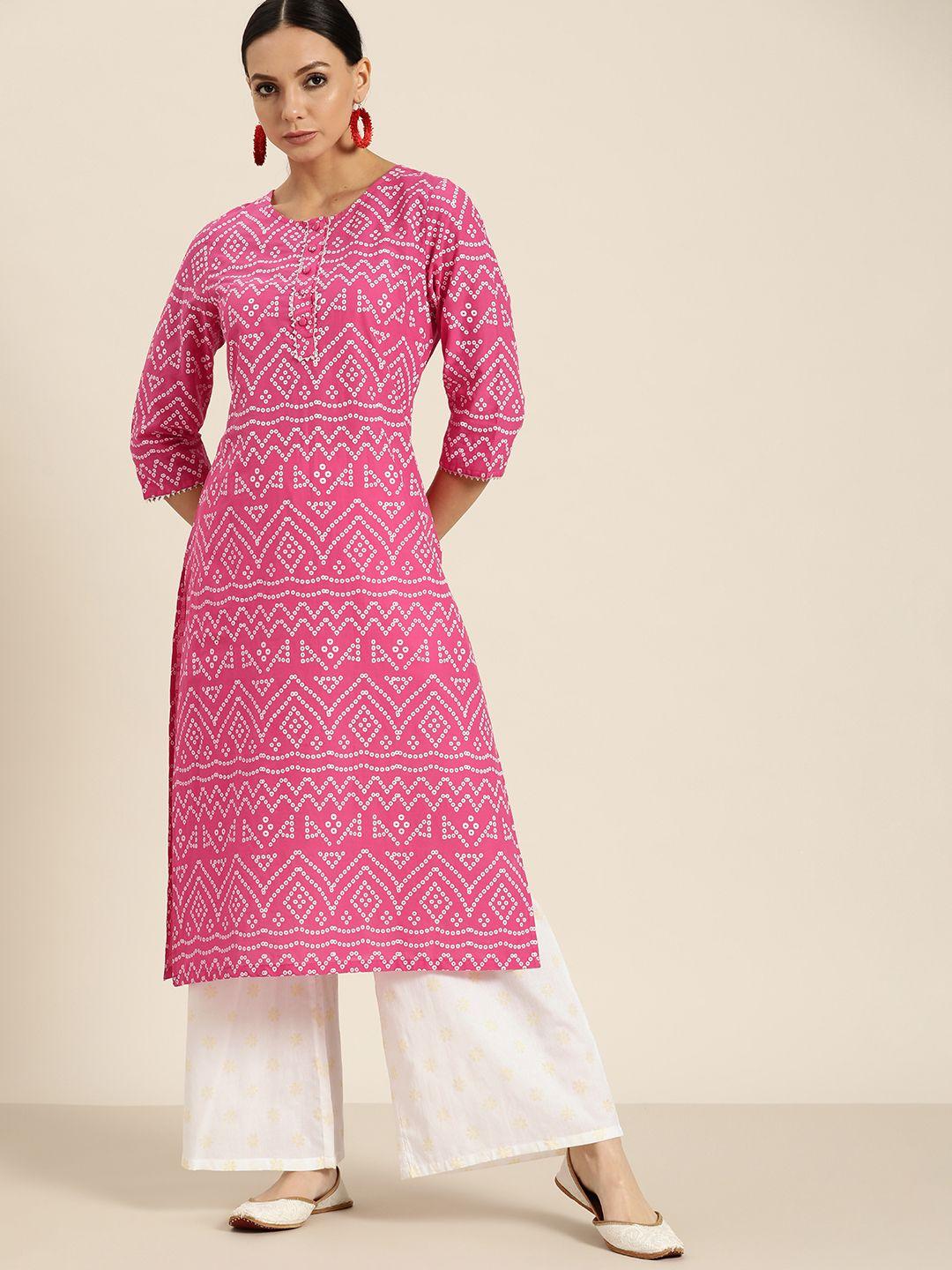 moda rapido women pink & white bandhani printed regular pure cotton kurta with palazzos
