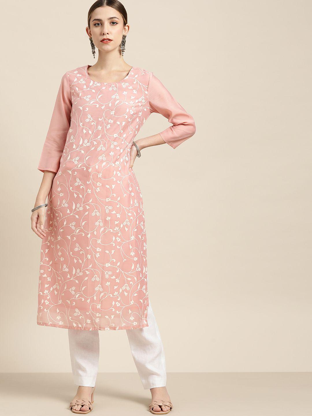 moda rapido women pink & white ethnic motifs printed pastels kurta