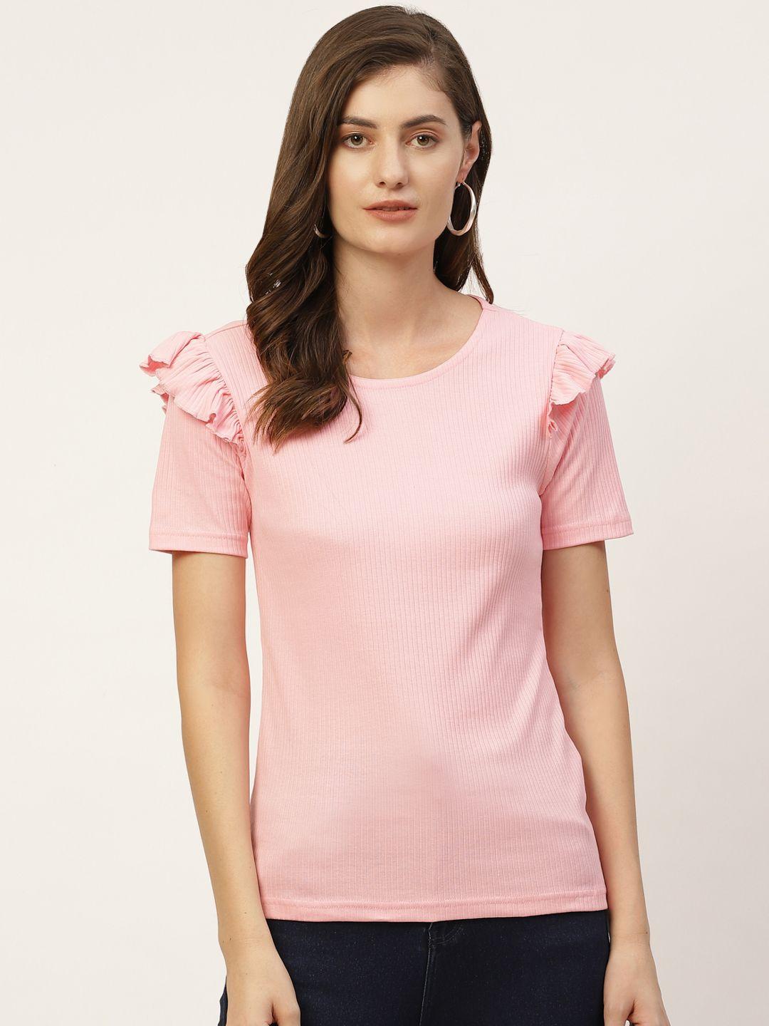 moda rapido women pink cotton solid ruffles regular top