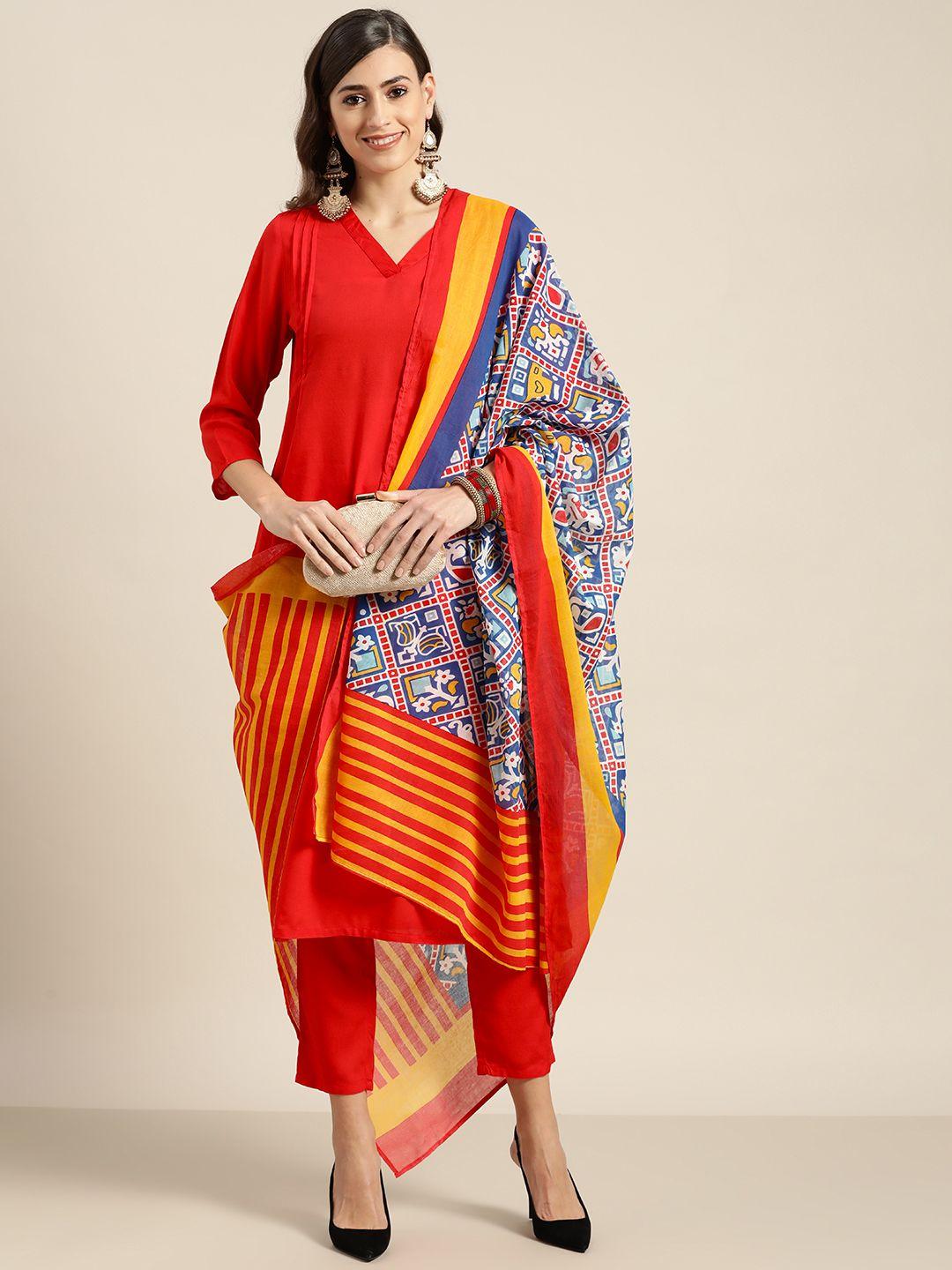 moda rapido women red kurta with trousers & dupatta