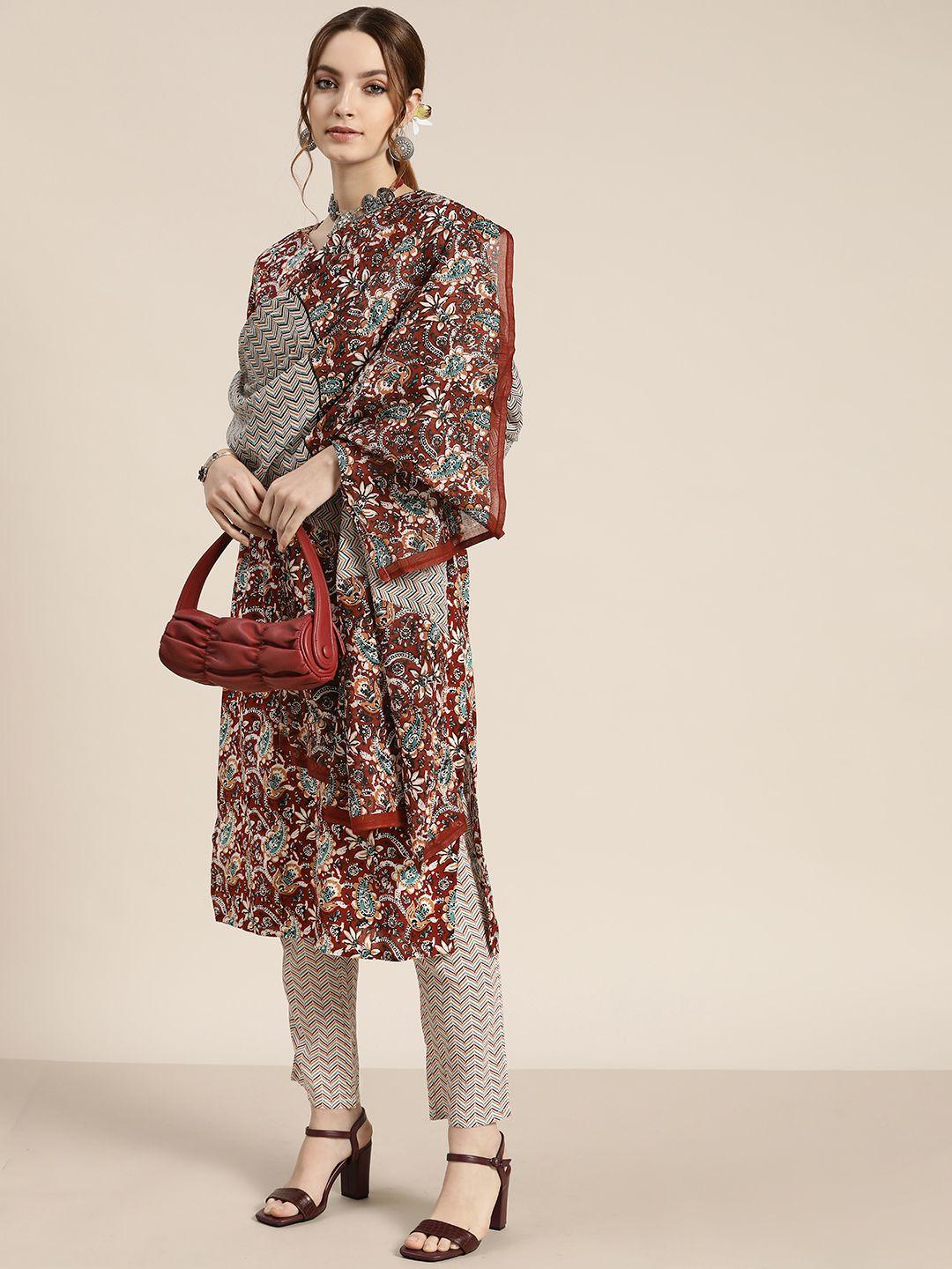 moda rapido women rust brown & white ethnic printed kurta with trousers & dupatta
