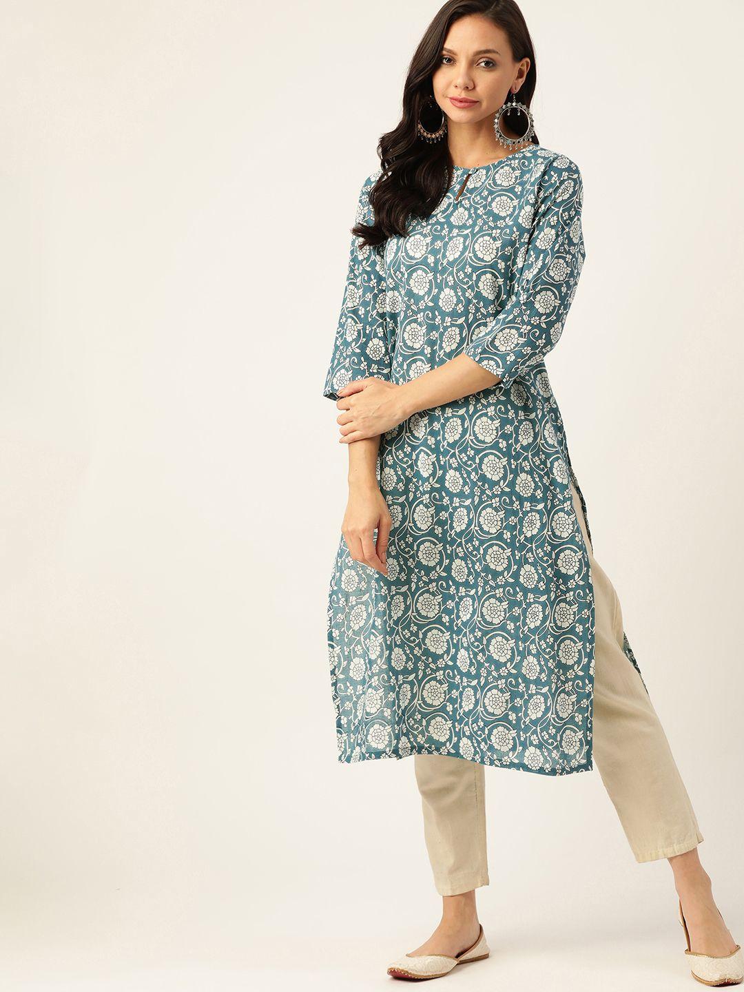 moda rapido women teal blue & white ethnic motifs printed keyhole neck straight kurta