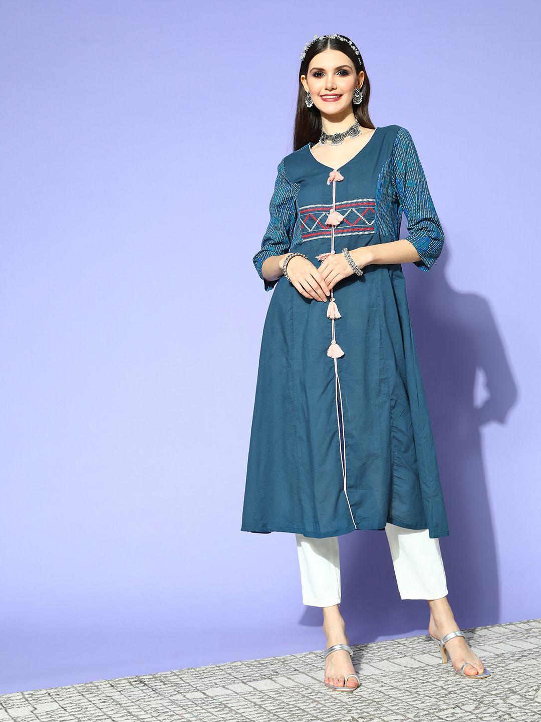 moda rapido women teal blue ethnic motifs embroidered thread work kurta