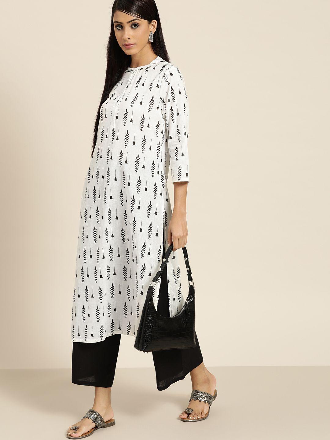 moda rapido women white & black ethnic motifs printed cotton kurta