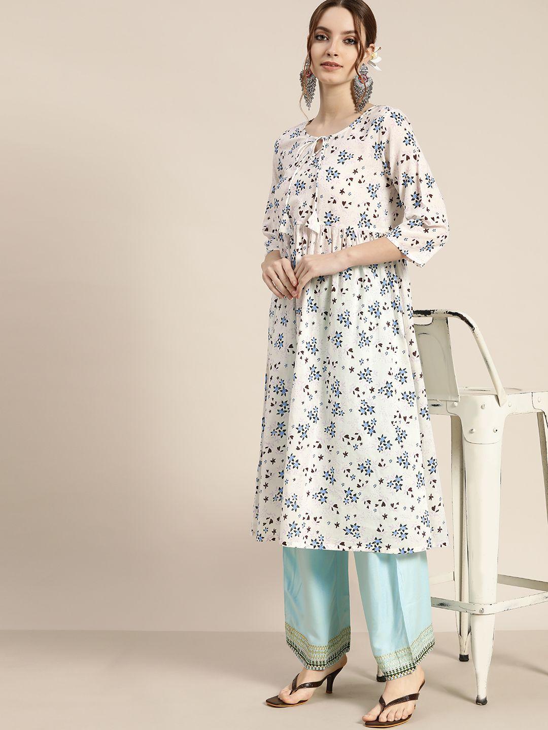 moda rapido women white & blue cotton floral print a-line kurta