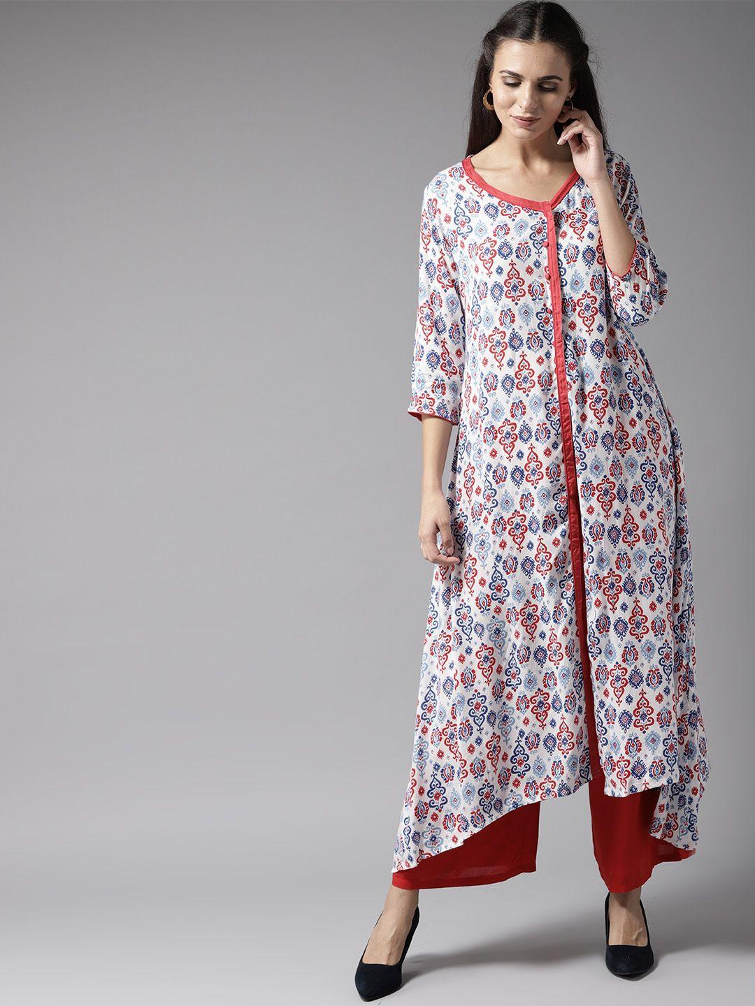 moda rapido women white & blue printed asymmetric a-line kurta