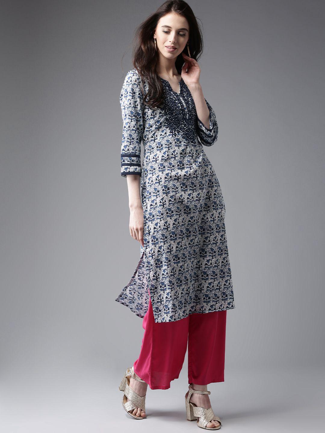 moda rapido women white & blue printed straight kurta