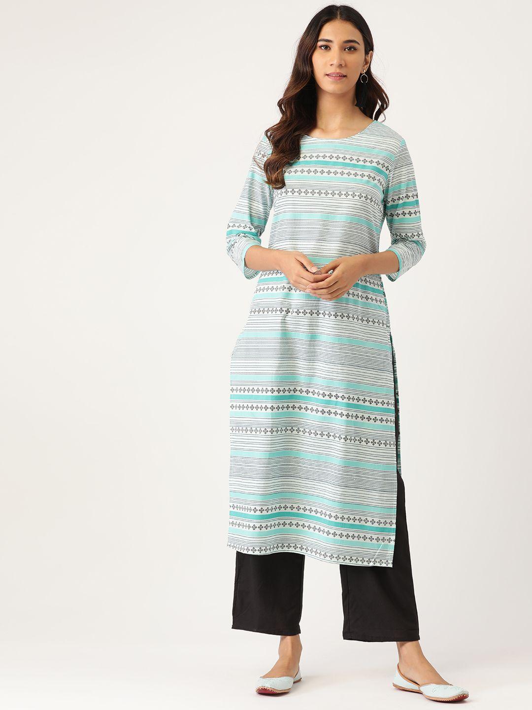 moda rapido women white & blue striped pure cotton kurta with palazzos