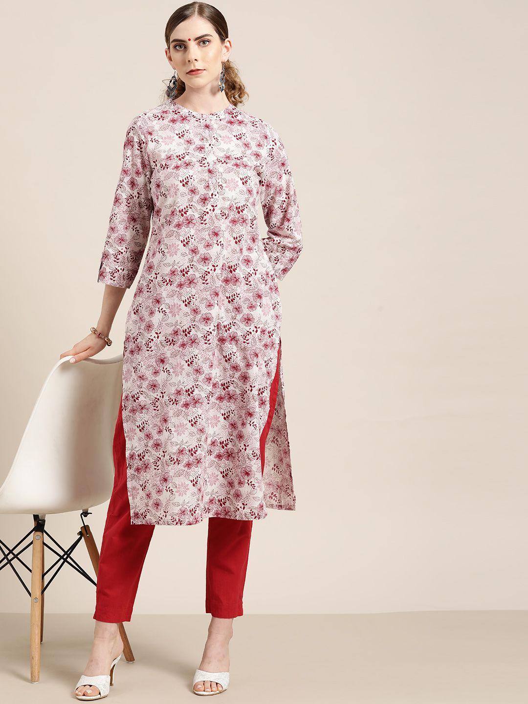 moda rapido women white & pink cotton floral printed straight kurta