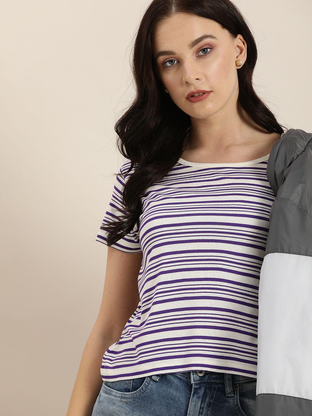 moda rapido women white & purple variegated striped round neck t-shirt