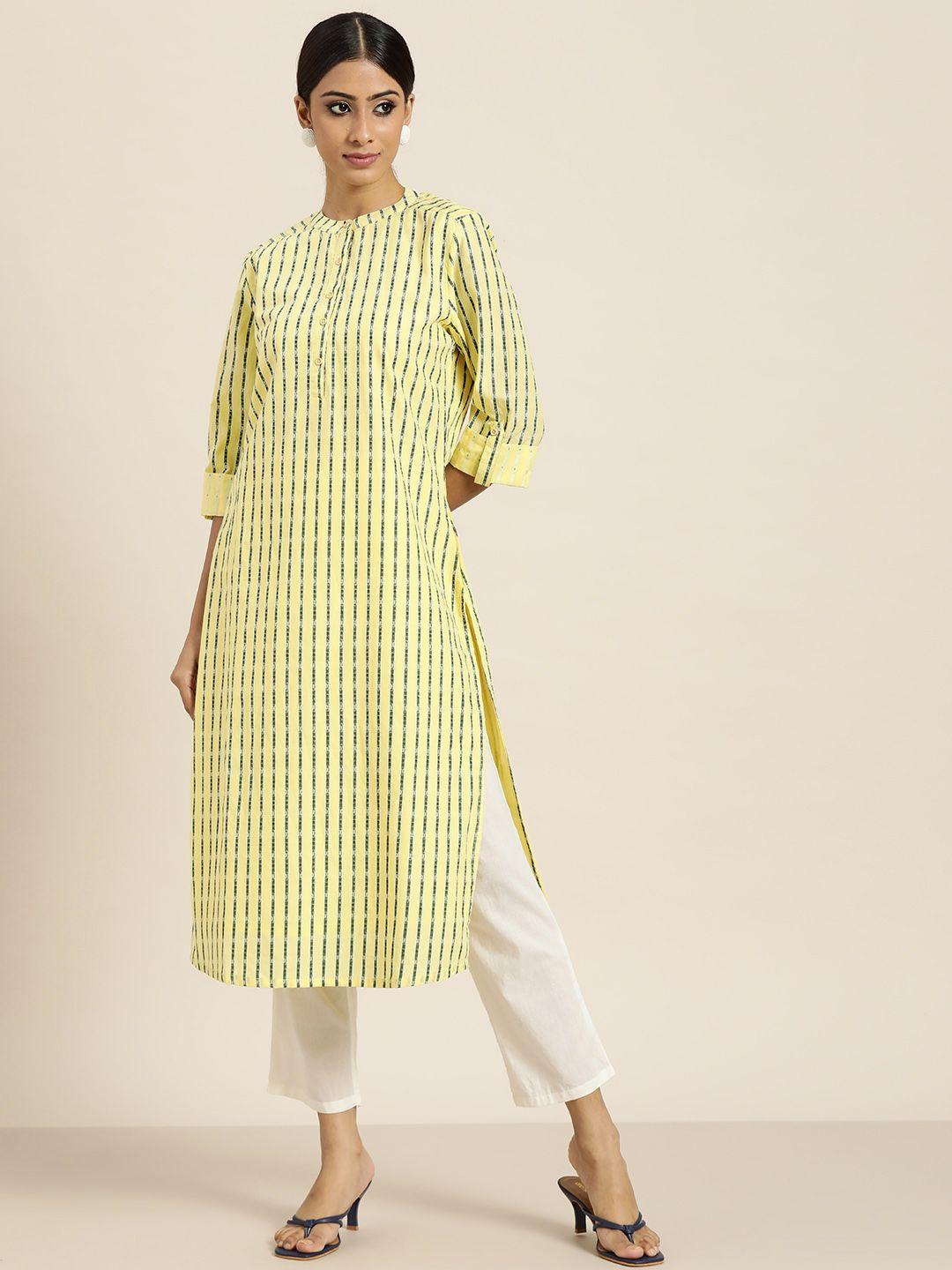 moda rapido women yellow & green pure cotton striped kurta