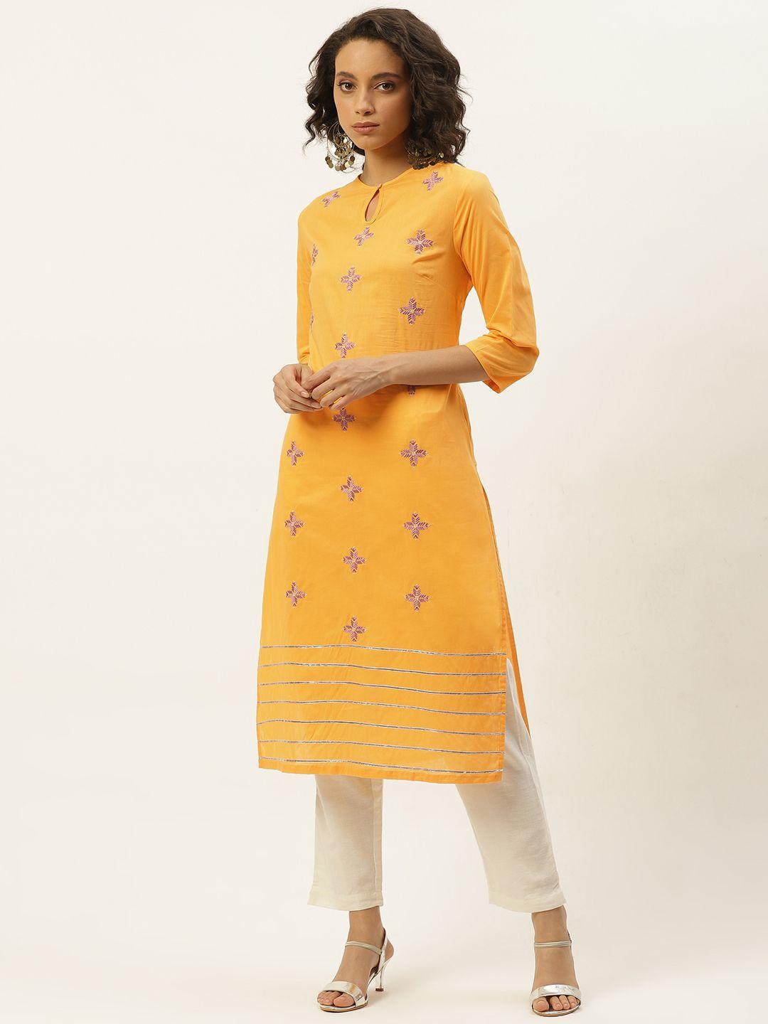 moda rapido women yellow & pink ethnic motifs embroidered pure cotton straight kurta