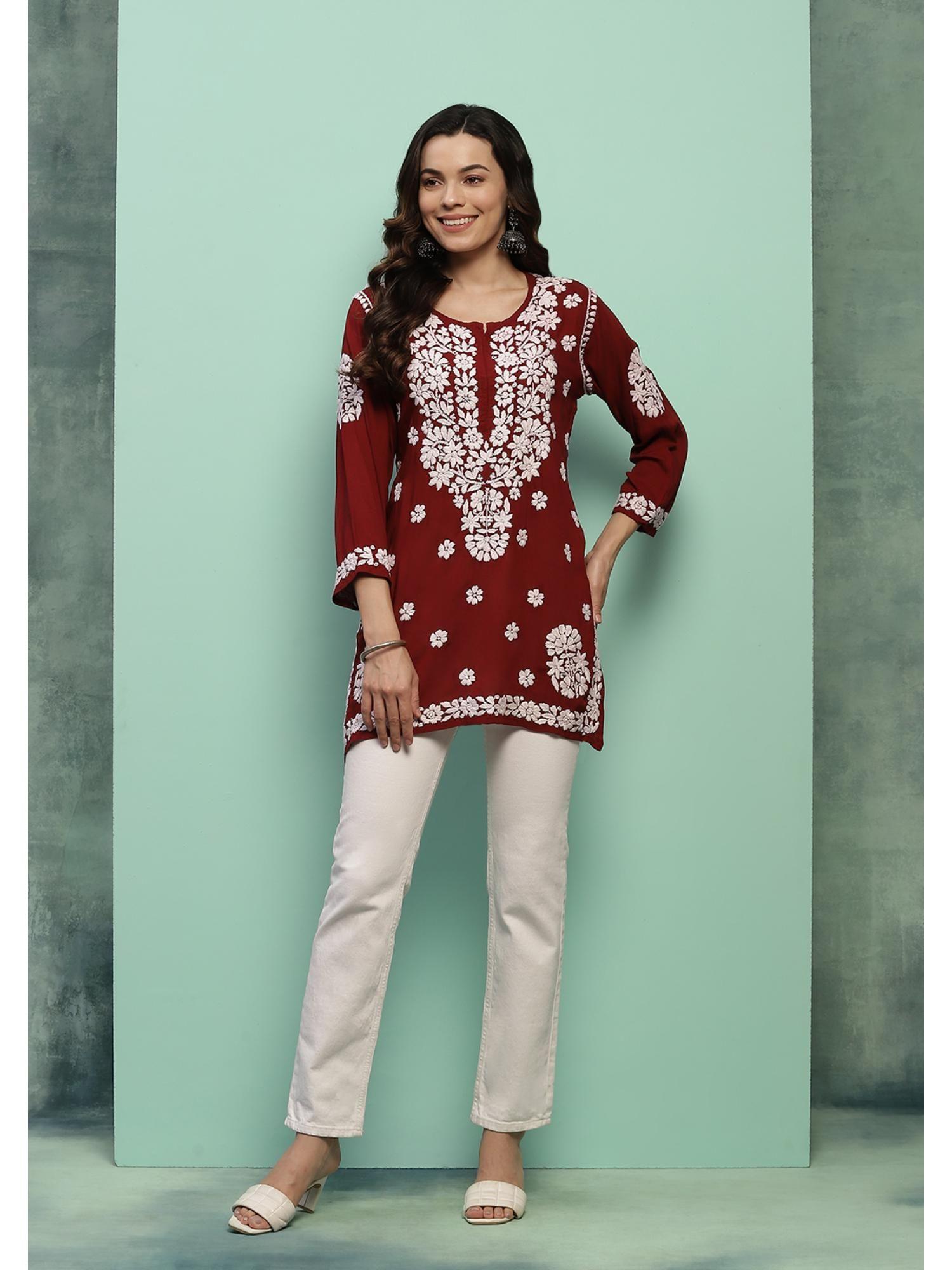 modal chikankari solid womens short kurti