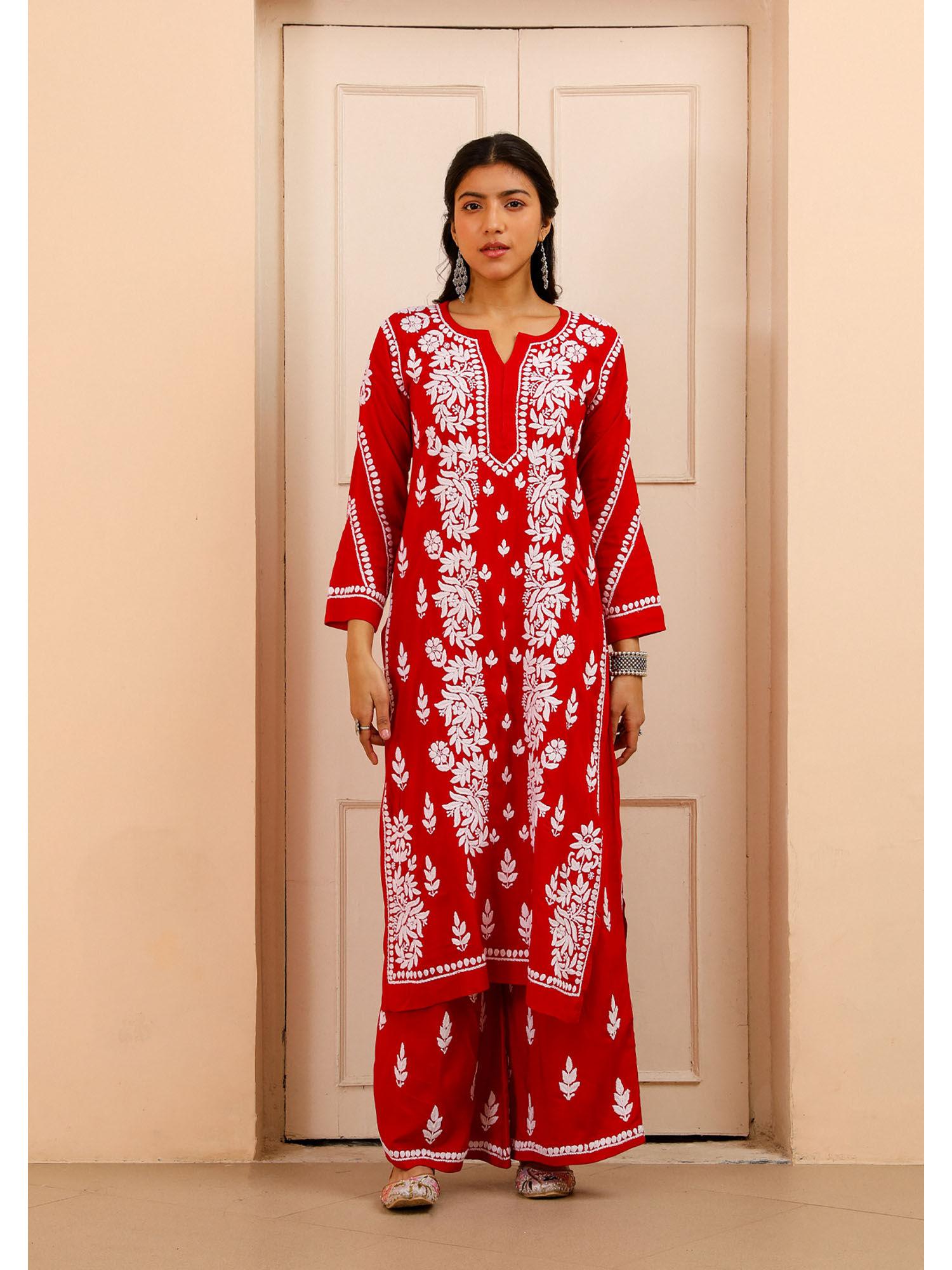 modal chikankari women's kurta with palazzo - red (set of 2)