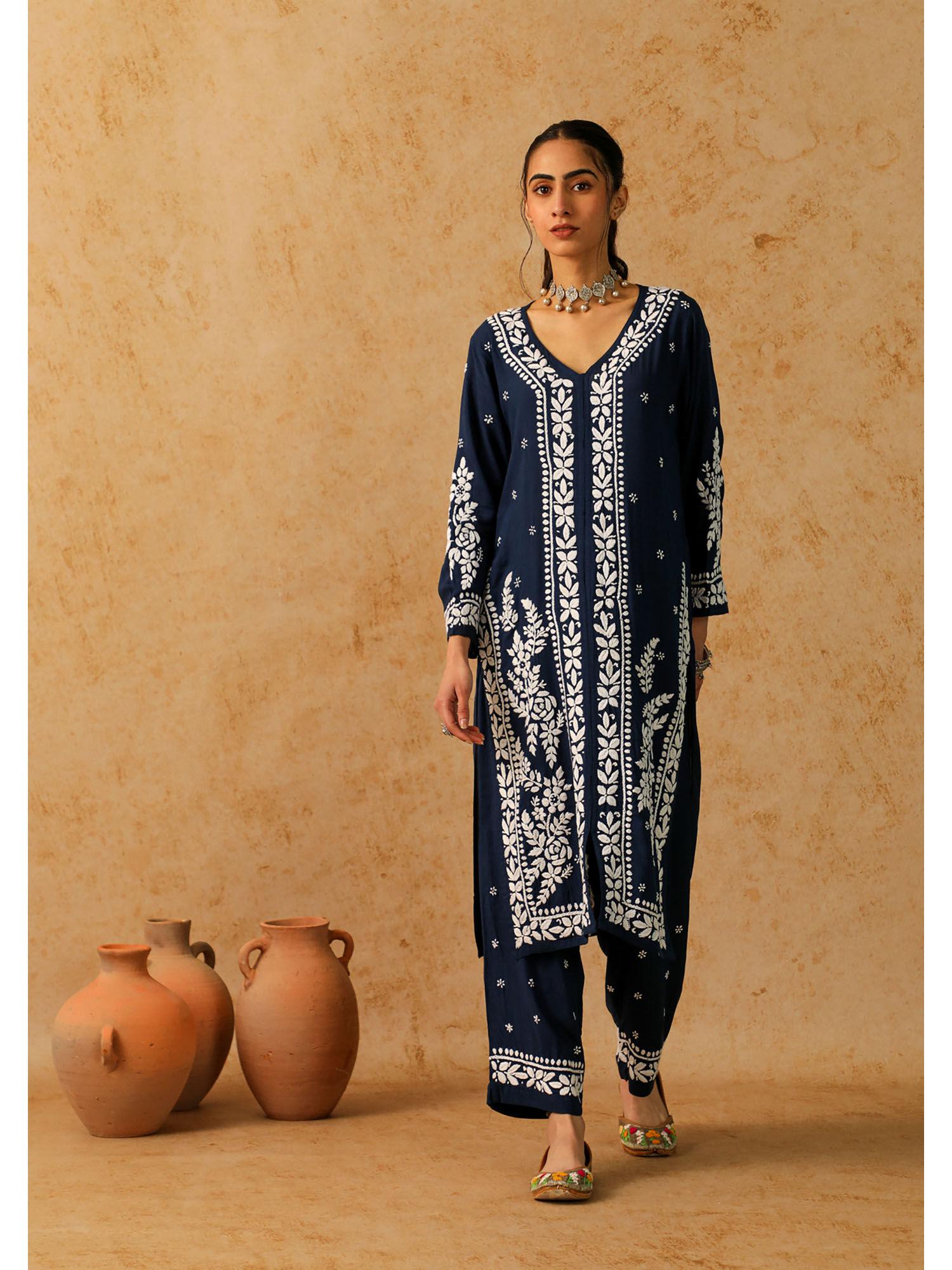 modal chikankari women's long kurta with pant - navy blue (set of 2)