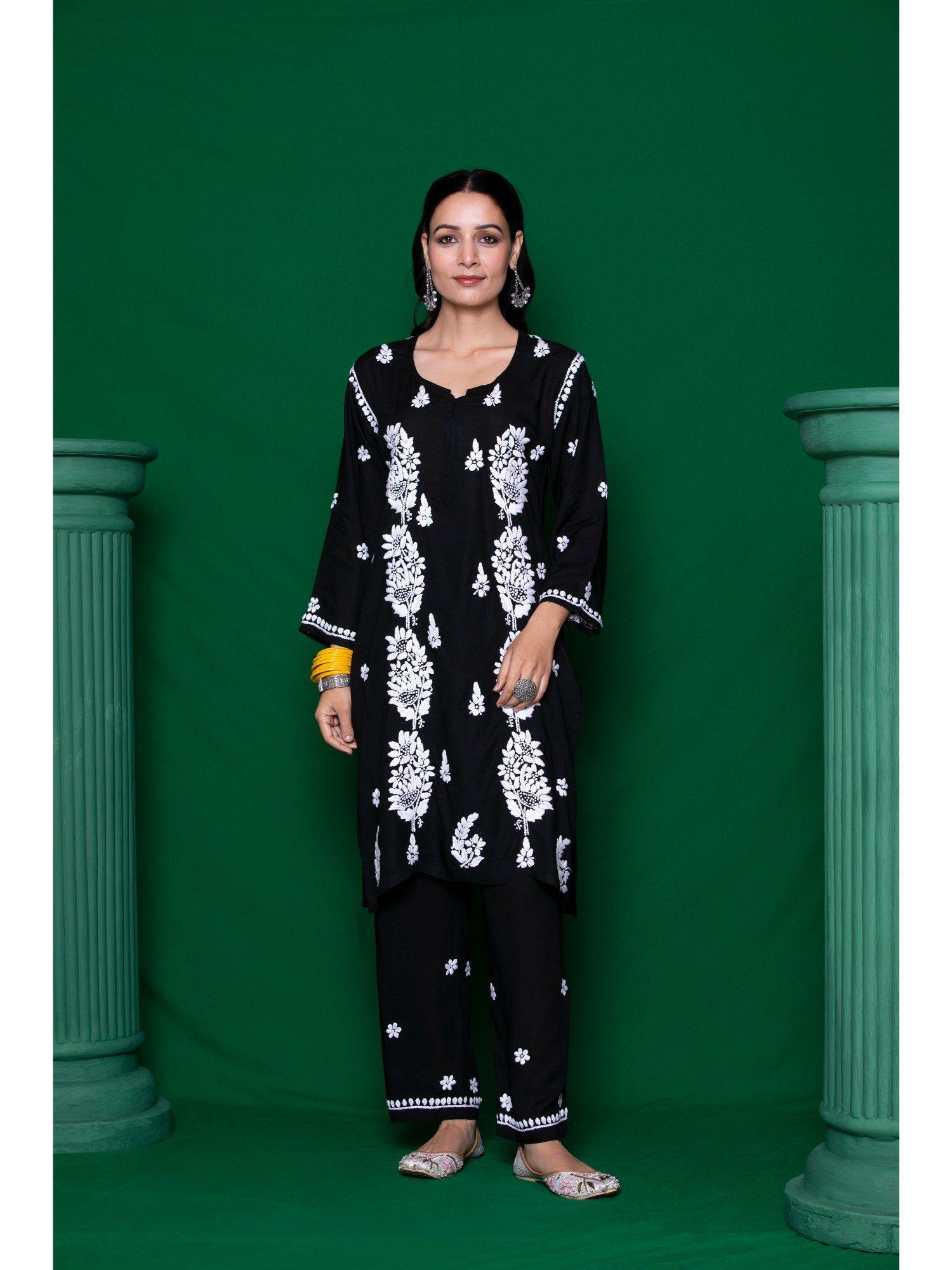 modal chikankari womens short kurta with pants black (set of 2)