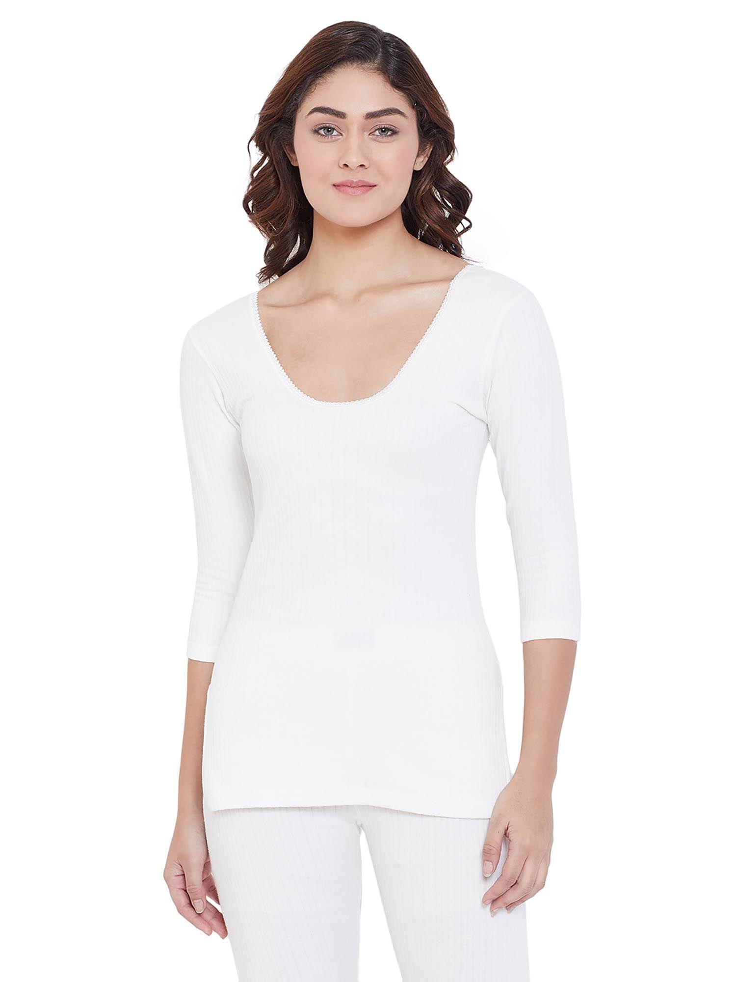 modal deep scoop neck three fourth sleeve warmer or thermal upper off white