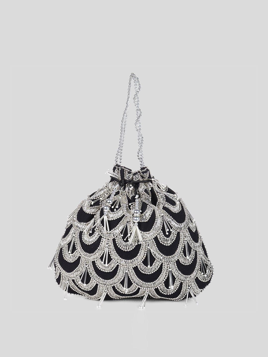 modarta women black & silver-toned embroidered embellished potli clutch