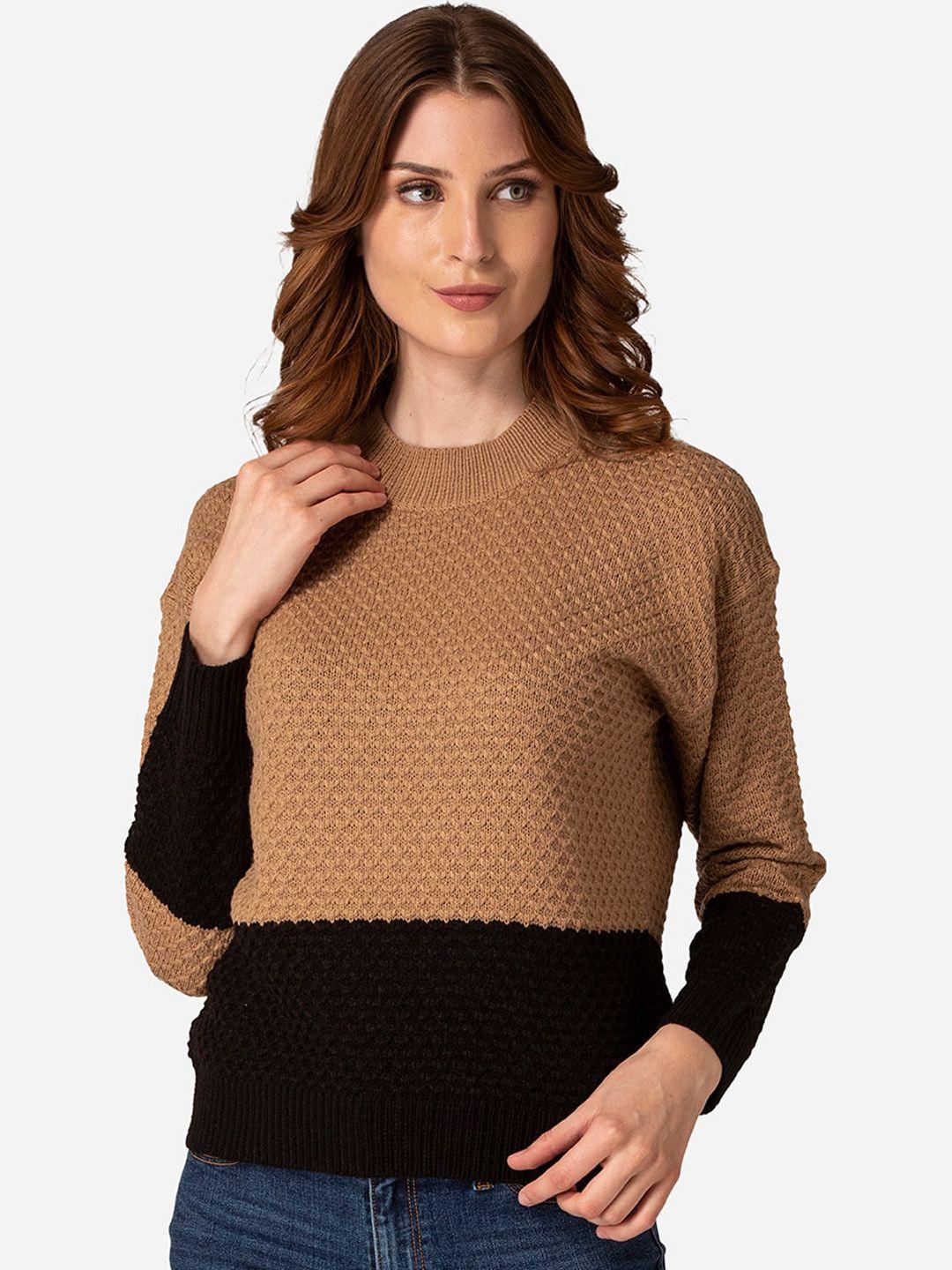 mode by red tape women beige & black colourblocked pullover sweater