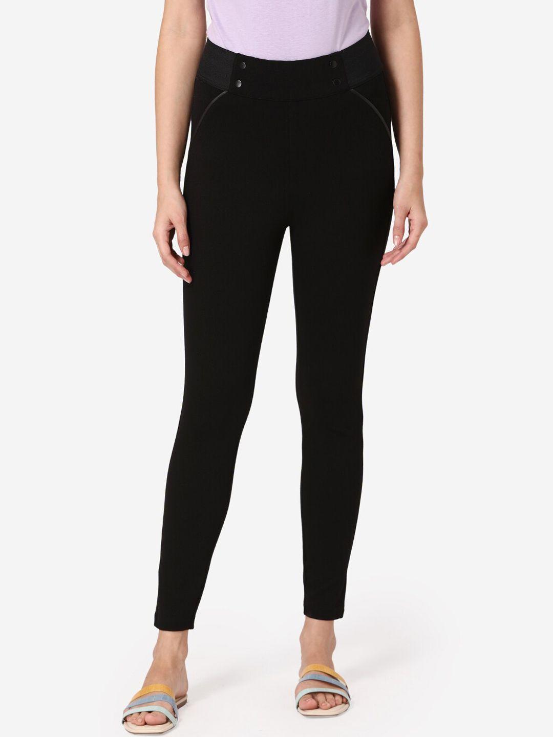mode by red tape women black solid relaxed-fit treggings
