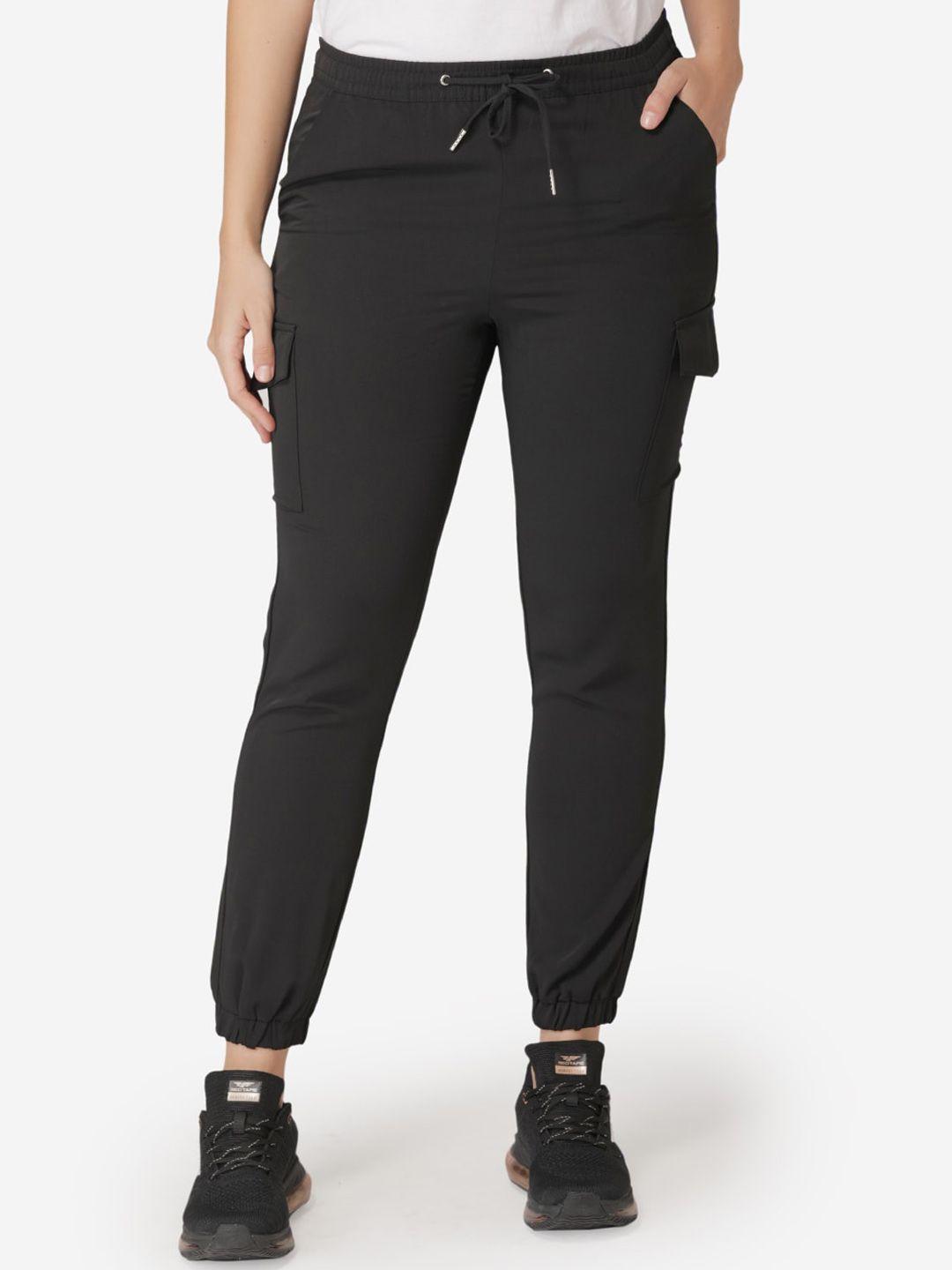 mode by red tape women black tapered fit solid cargo joggers