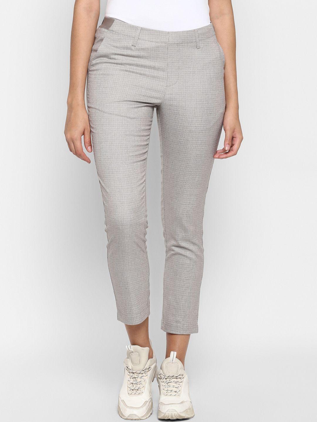 mode by red tape women cream-coloured & grey tapered fit self-checked cigarette trousers