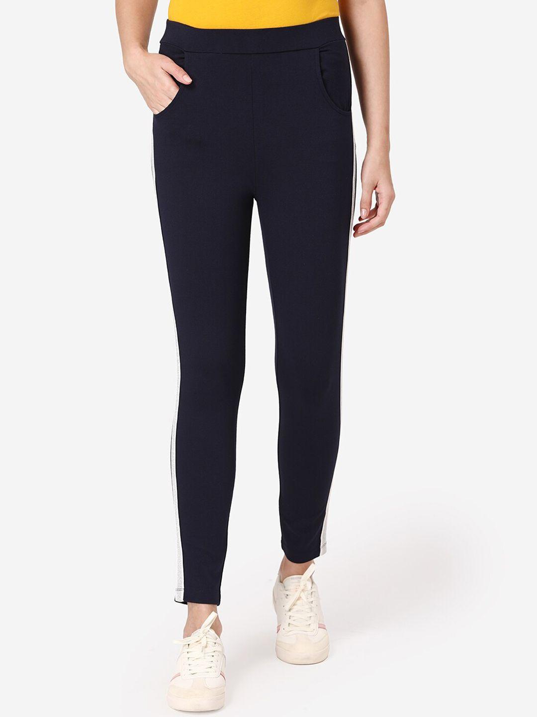 mode by red tape women navy blue solid relaxed-fit treggings