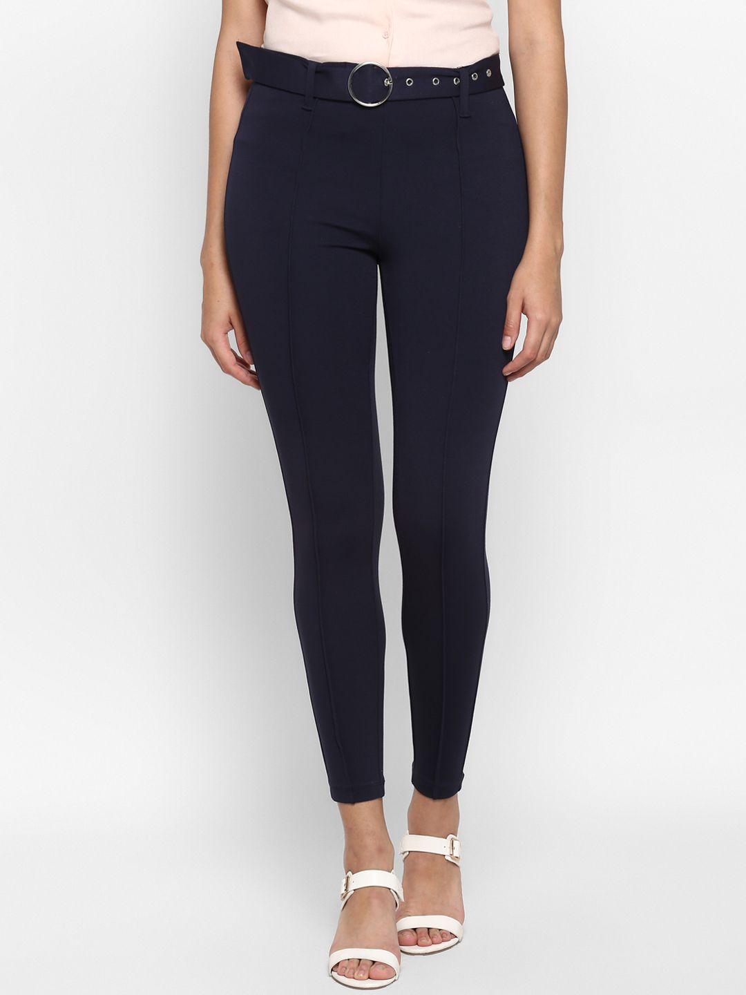 mode by red tape women navy blue solid slim-fit treggings