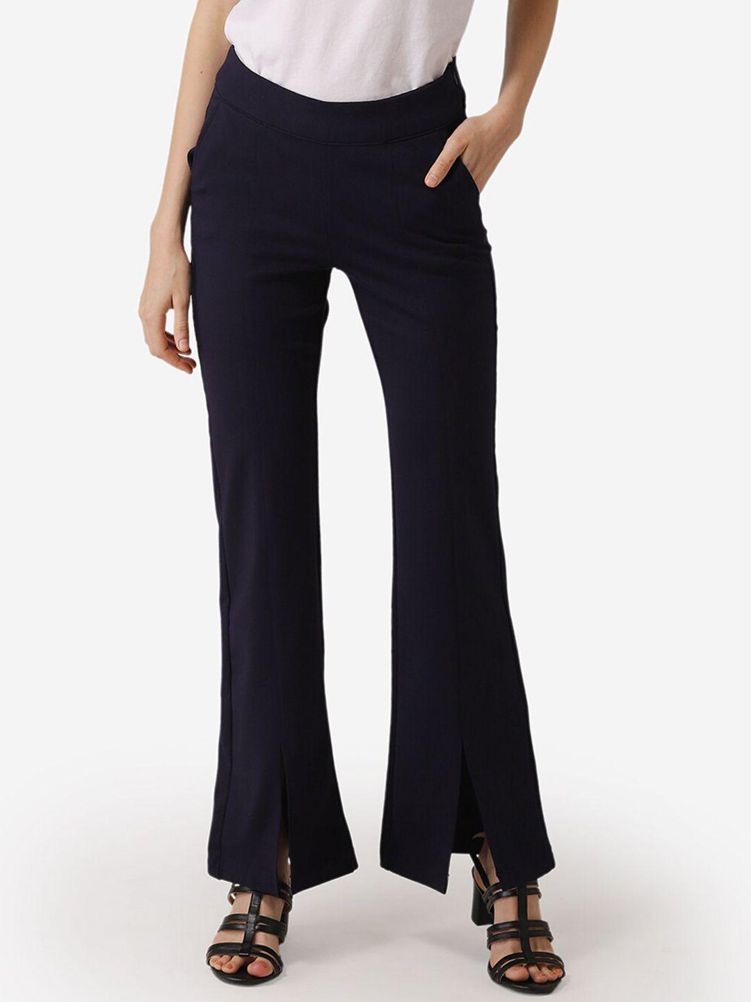 mode by red tape women navy blue tapered fit solid parallel trousers
